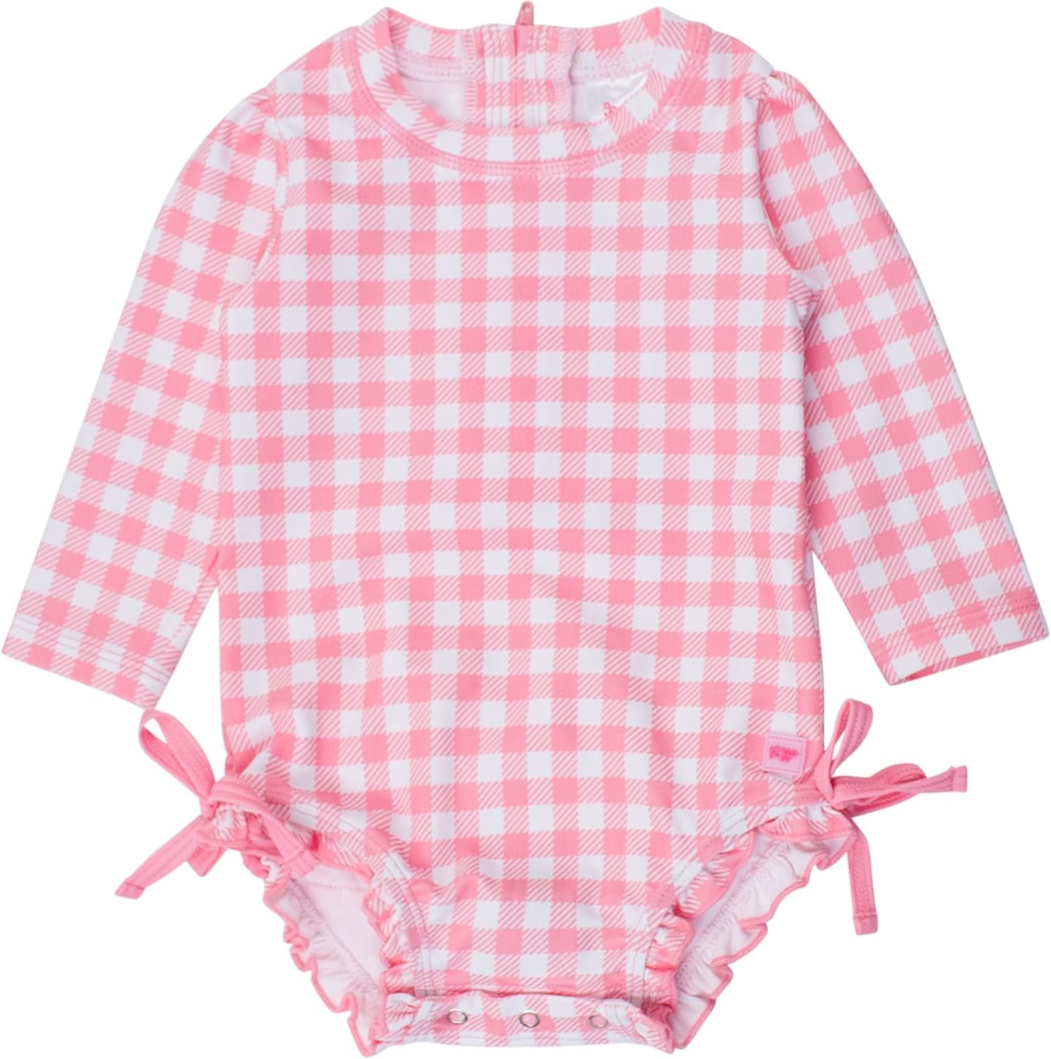 RuffleButts Baby Girls UPF 50+ Sun Protection Gingham Printed Long Sleeve One Piece Rash Guard Swimsuit with Zipper