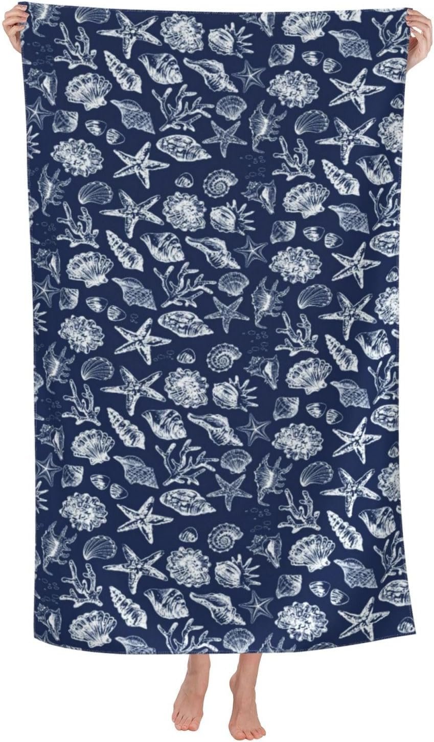 Lightweight Microfiber Shell Beach Towel Quick Dry Absorbent Towels for Swimming Pool Camping Beach Blue and Gray Decorative Design, (Shell, 32″x52″)