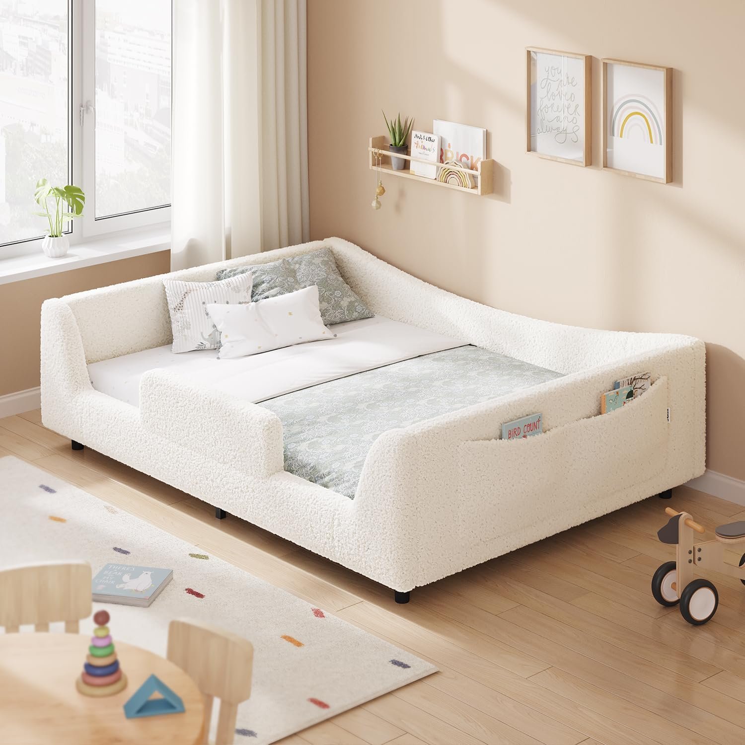 HAUOMS Floor Bed, Low Montessori 2-in-1 Convertible Beds, with Slats and High Rails, Upholstered Bed, Curve Round Frame, Girls and Boys, No Box Spring Needed, Easy Assemble (Beige, Full)