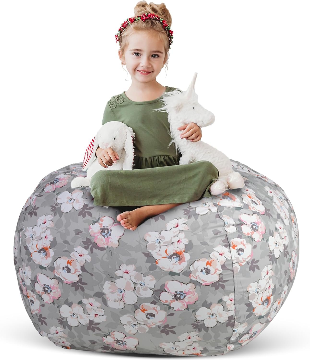 Creative QT Stuff ’n Sit Extra Large 38’’ Bean Bag Storage Cover for Stuffed Animals & Toys, Giant Beanbag Chair for Kids Ages 3-14, Bedroom Organizer, Grey Floral