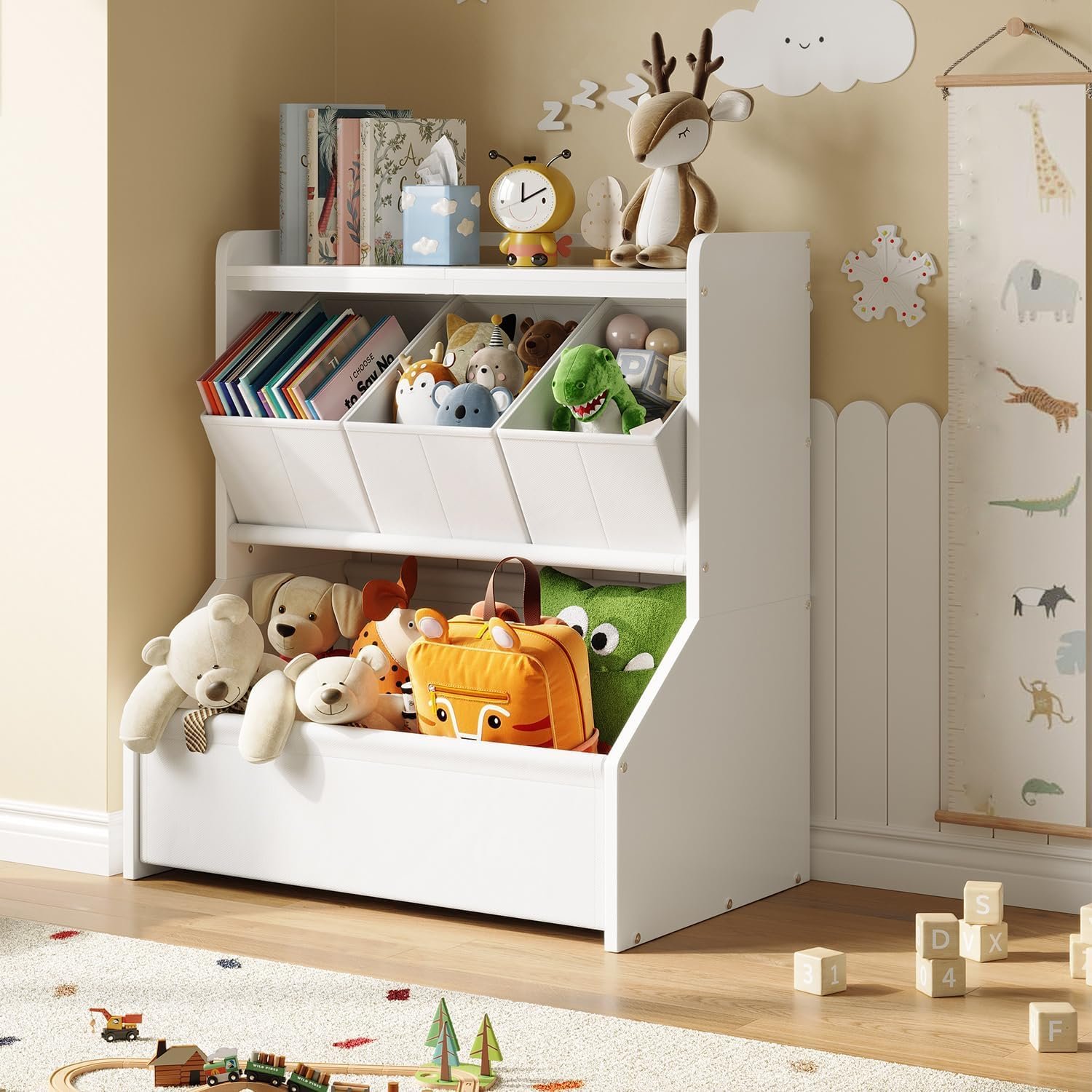 FOUCSSOMEI Toy Storage Organizer for Kids, Kids Bookshelf and Toy Organizer with Storage Bins, MDF Wooden Toy Storage Cabinet for Playroom, Bedroom, Nursery, White Patent Design