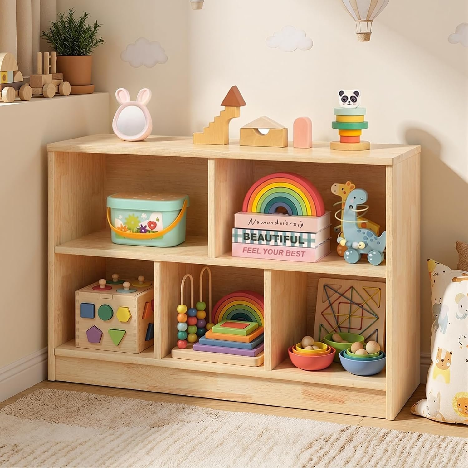 Rubber Wood Montessori Shelf, Wooden Toy Storage Organizer for Books Toys, 2 Shelf Bookcase, 5-Section Storage Cabinet, Toddler Book Shelf for Kids Rooms, Playroom, Nursery, Kindergarten