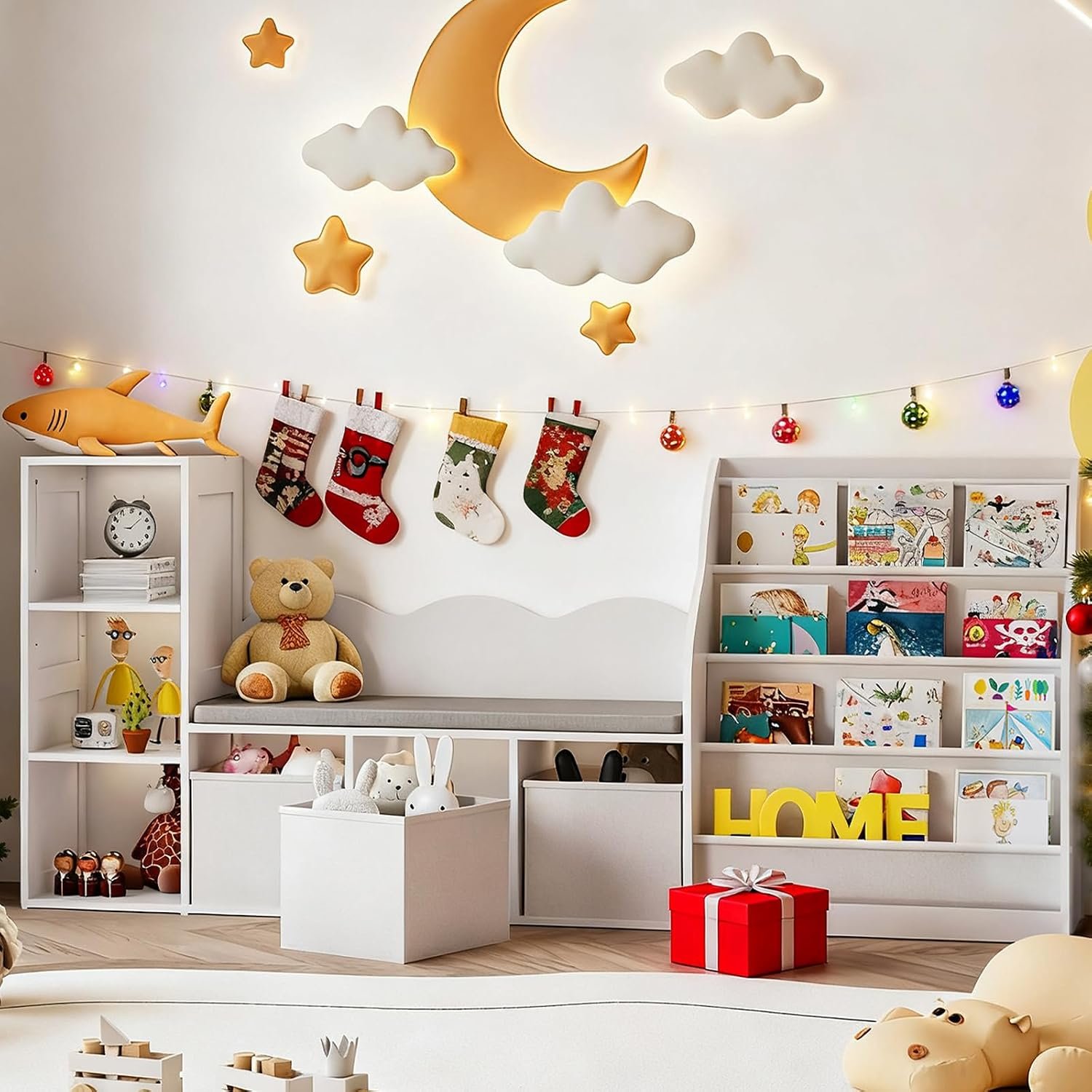 CHOEZON 66.9″ Kids Bookshelf with Reading Nook, 3-in-1 Kids Bookcase with Cushion and Sling Shelf, Toy Chest Storage with Fabric Drawers, Reading Nook for Kids, for Playroom, Nursery, White MCW08WB