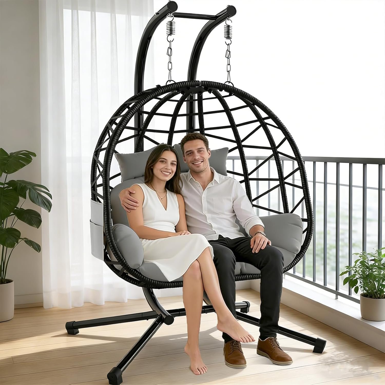 Suteck Double Hanging Egg Chair with Stand, Outdoor Indoor 2 Person Wicker Egg Swing Chair with Cushion, 700lbs Capacity for Patio, Bedroom, Garden – Black