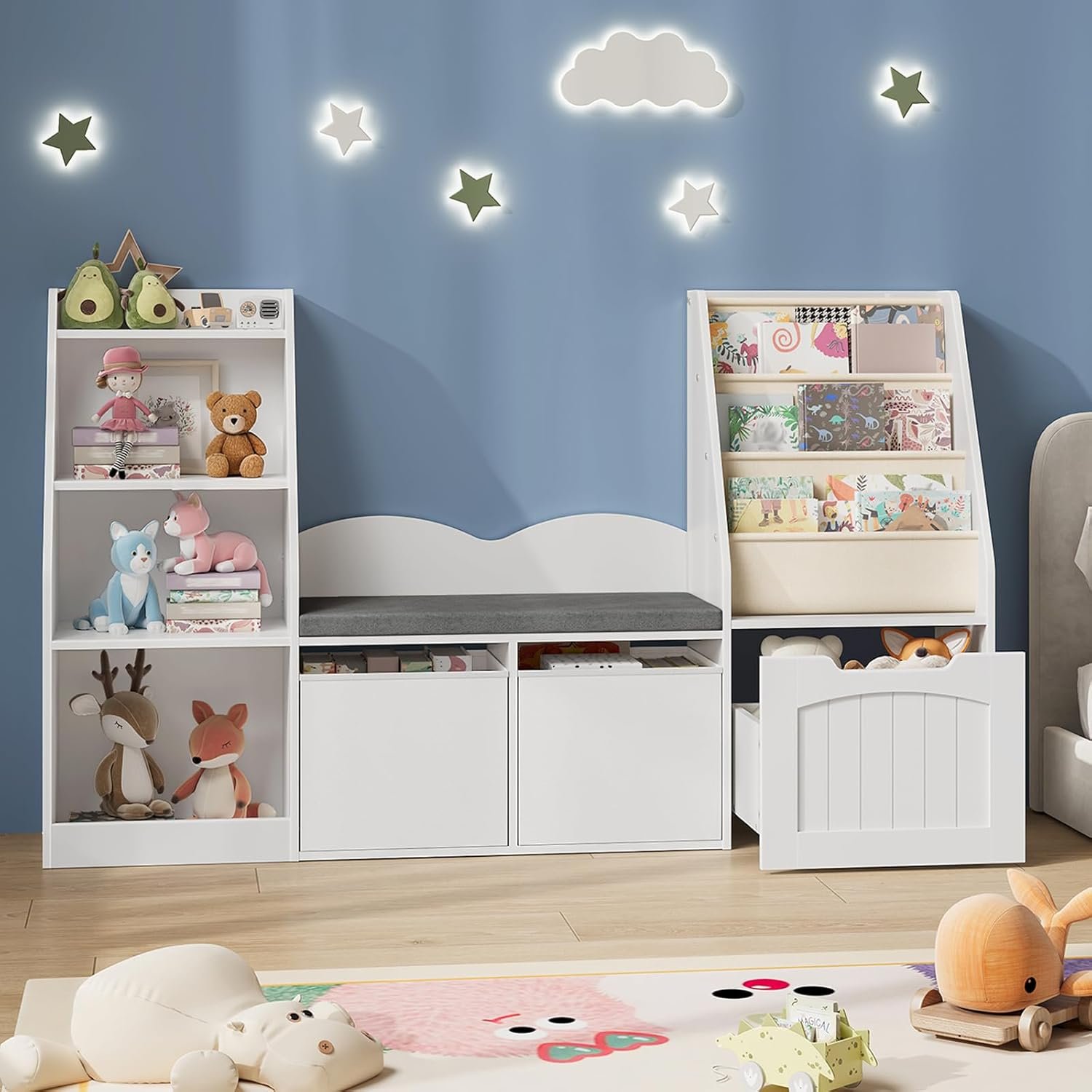 CHOEZON 53.1″ Kids Bookshelf with Reading Nook, 4-in-1 Children’s Bookcase with Soft Bench, Mobile Drawer & Fabric Bins, Storage Shelves, Bookshelf for Kids, White MCW18WB