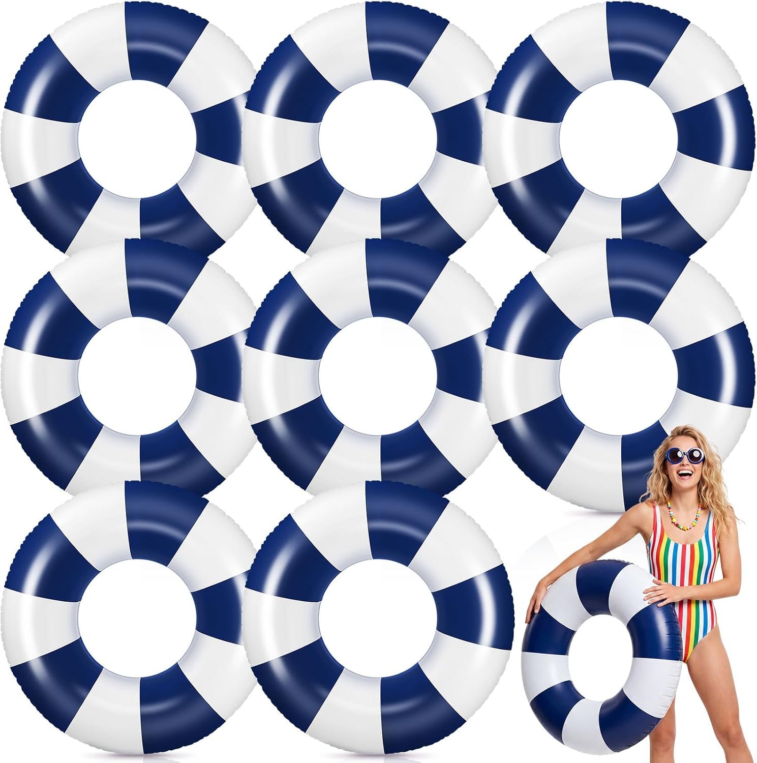 Gemscream 8 Pcs Large Inflatable Pool Floats for Adult 33.46 Inch Striped Swim Ring Toys Bulk Round Inflatable Swimming Pool Floating Tubes for Adults Teens Beach Summer Party