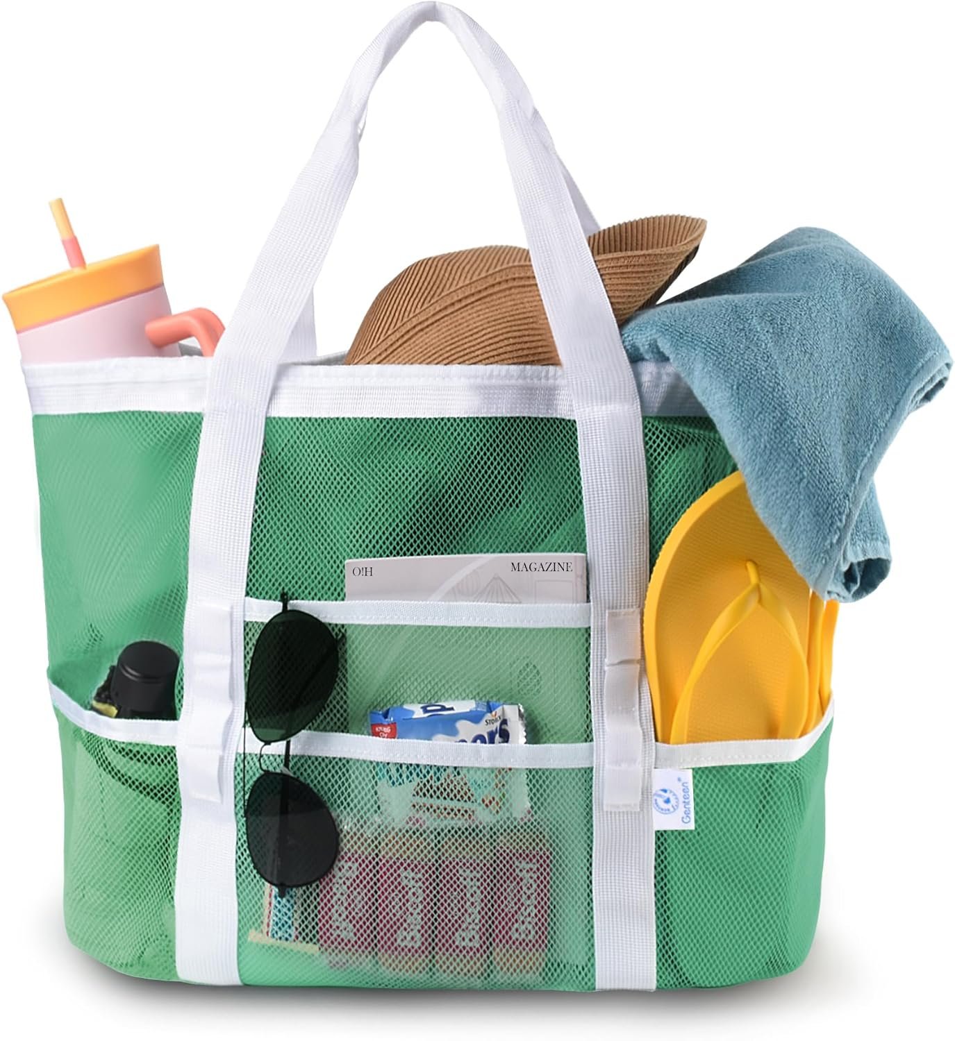 Genteen 40L Mesh Beach Bag, Foldable Sandproof Tote with Waterproof Pocket Quick Dry for Women Family Pool Vacation