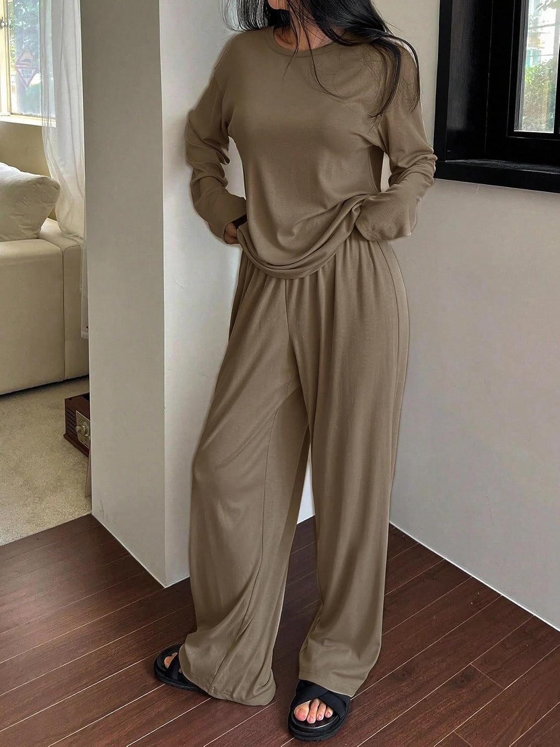 2-Piece Women Lounge Set, Long Sleeve Top Wide Leg Pants, Comfortable Casual Wear, Relaxed Fit for Home Outdoor Use