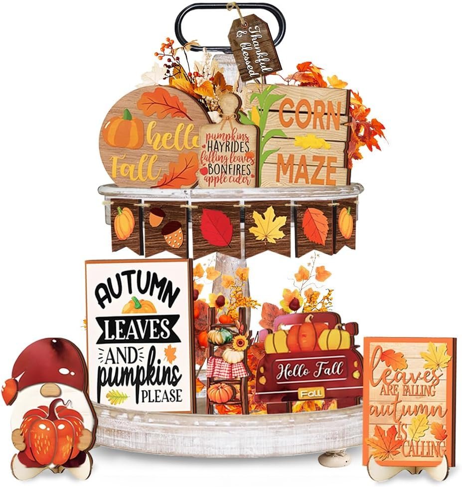 Nialnant 15 Pcs Fall Tiered Tray Decor, Fall Tiered Tray Decorations Set, Table Centerpieces Decorations for Home, Leaves Gnome Wooden Sign Plaques Thanksgiving Decorations Indoor