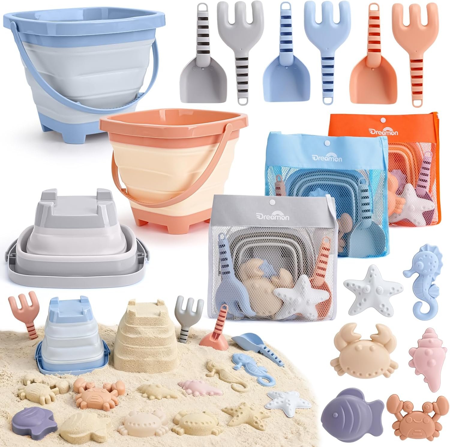 Dreamon 3 Pack Beach Toys Set for Kids 3-10, Collapsible Sand Buckets with Beach Molds and Mesh Bag, Sandbox Travel Toys Beach Vacation Essentials, Camping Gear, Fishing (Blue/Grey/Orange)