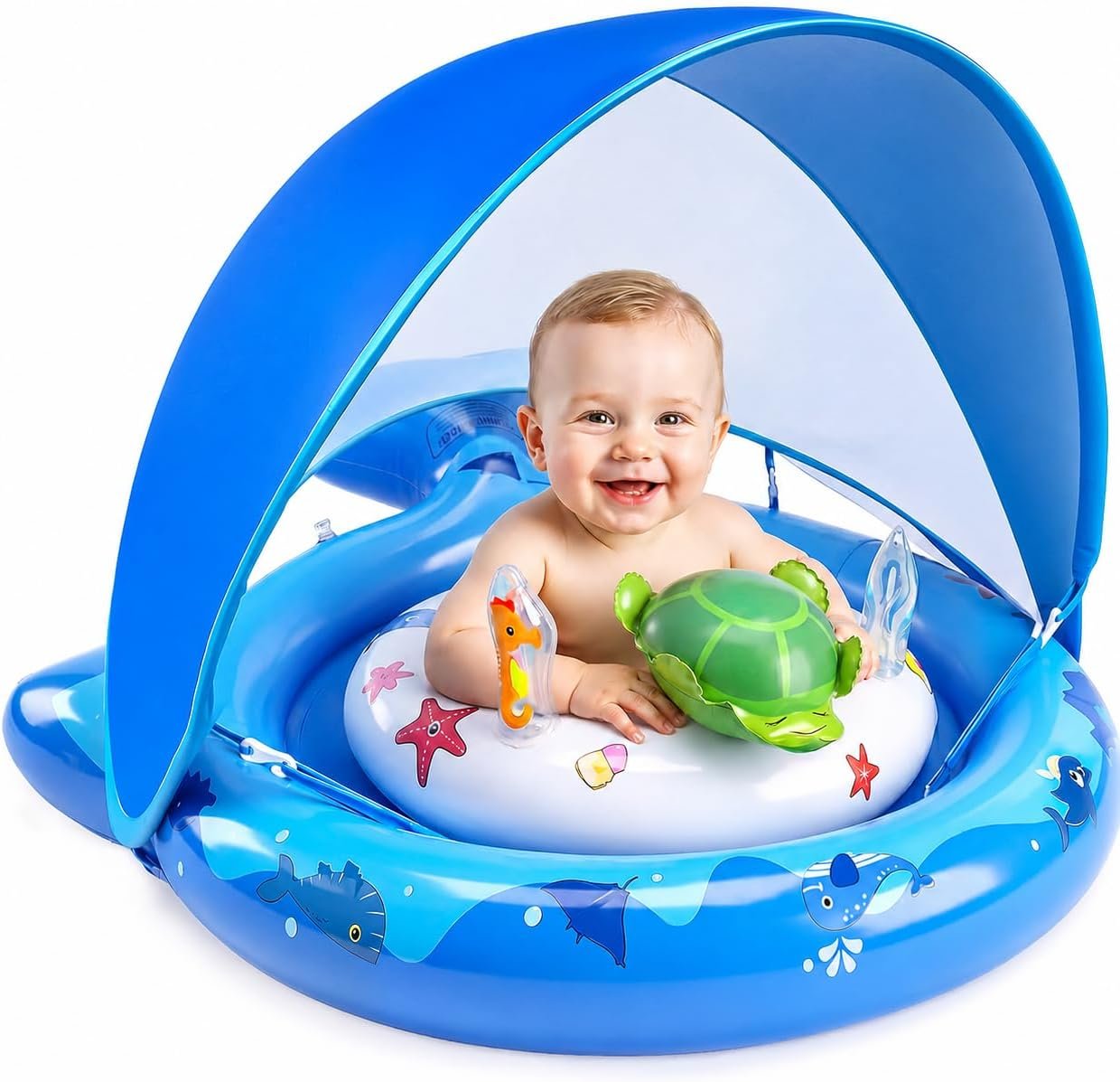 Inflatable Baby Pool Float with Sun Canopy, UPF50 Sun Protection, Portable & Easy to Store, Padded Safety Seat with, Includes Air Pump, with Toys Baby Swim Float for 6-36 Months Boys & Girls