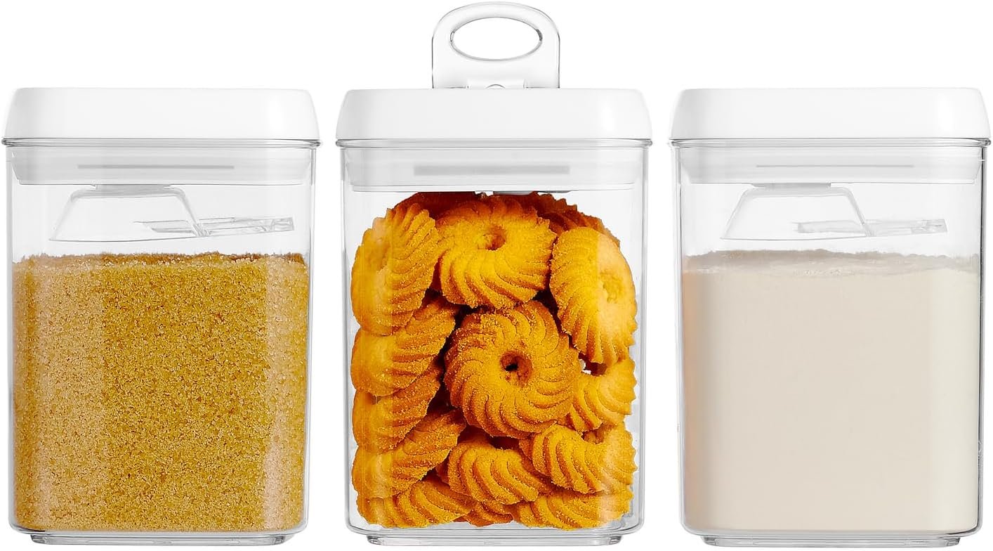 Felli Flip Tite Storage Container with Built-In Spoon & Airtight Lid 5” Large-M Ring Flip Top, Stackable Acrylic Canister for Sugar Flour Powder, Kitchen Pantry Organizer (1.8qt), 2 spoons