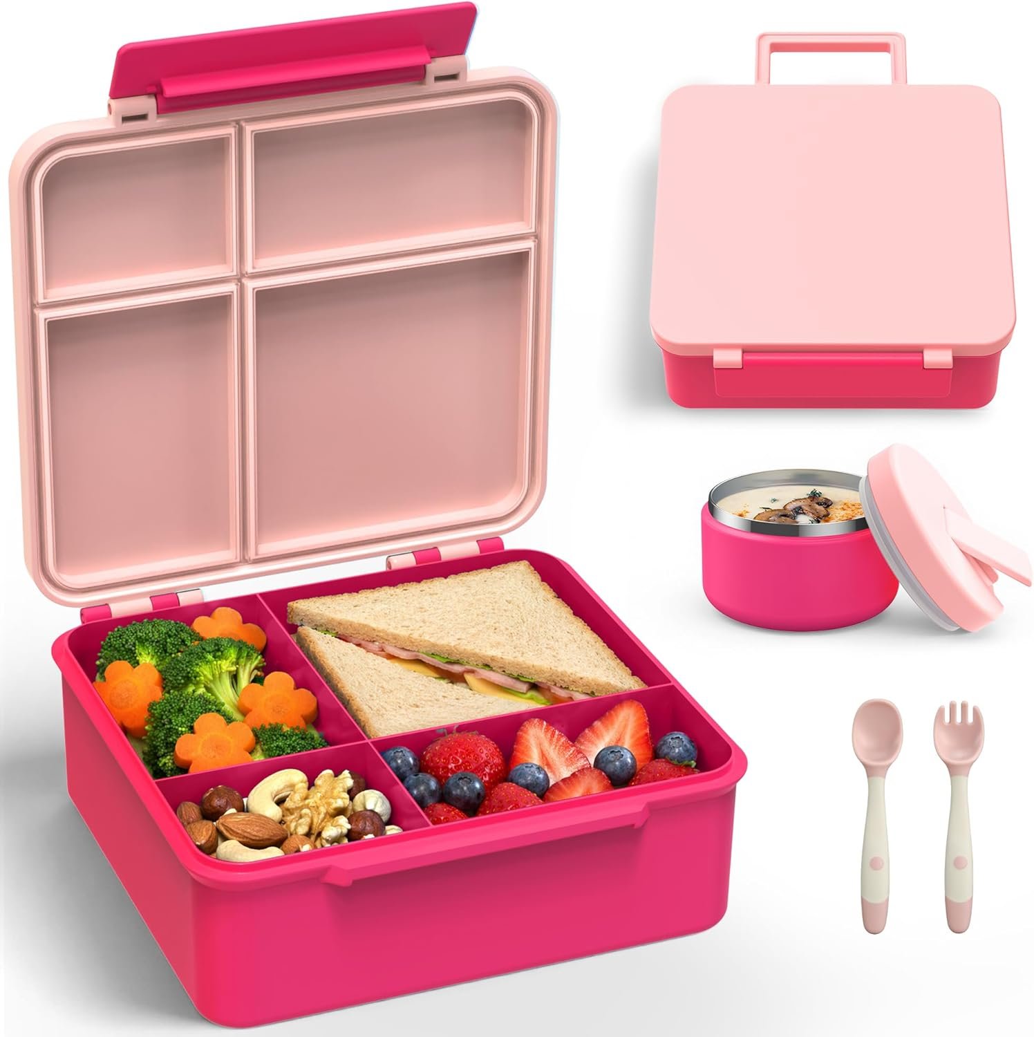 LOHASOK Bento Lunch Box Kids with 8oz Soup Thermo, Leak-Proof Lunch Containers with 4 Compartment, Thermo Hot Food Jar and Insulated Lunch Box for School Pink