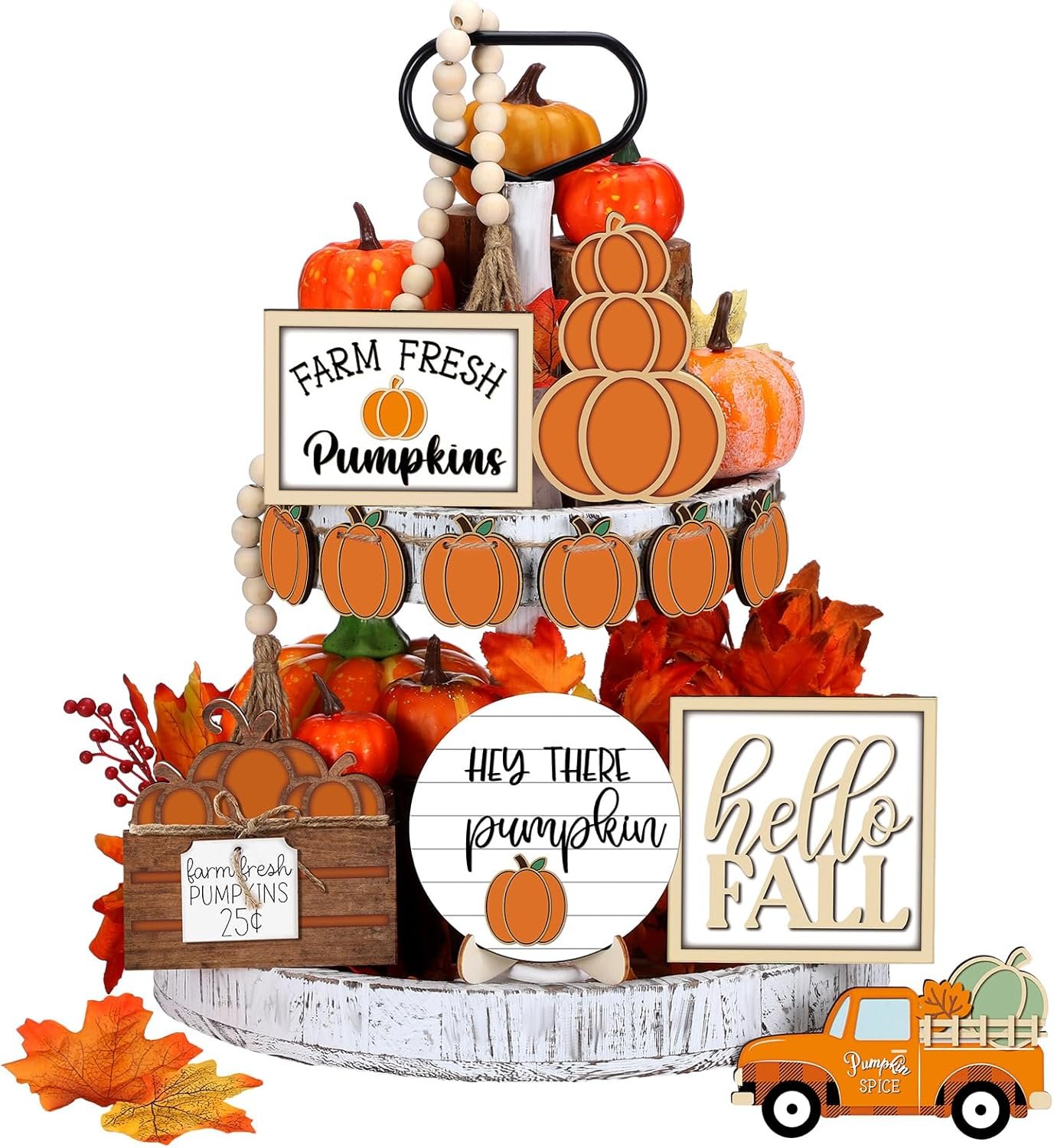 Maitys 1 Set Thanksgiving Tiered Tray Decor Set Fall Tiered Tray Decorations Autumn Pumpkin Leaves Rustic Farmhouse Decor Autumn Harvest Decorative Wooden Tabletop Sign for Home Kitchen(Warm Style)