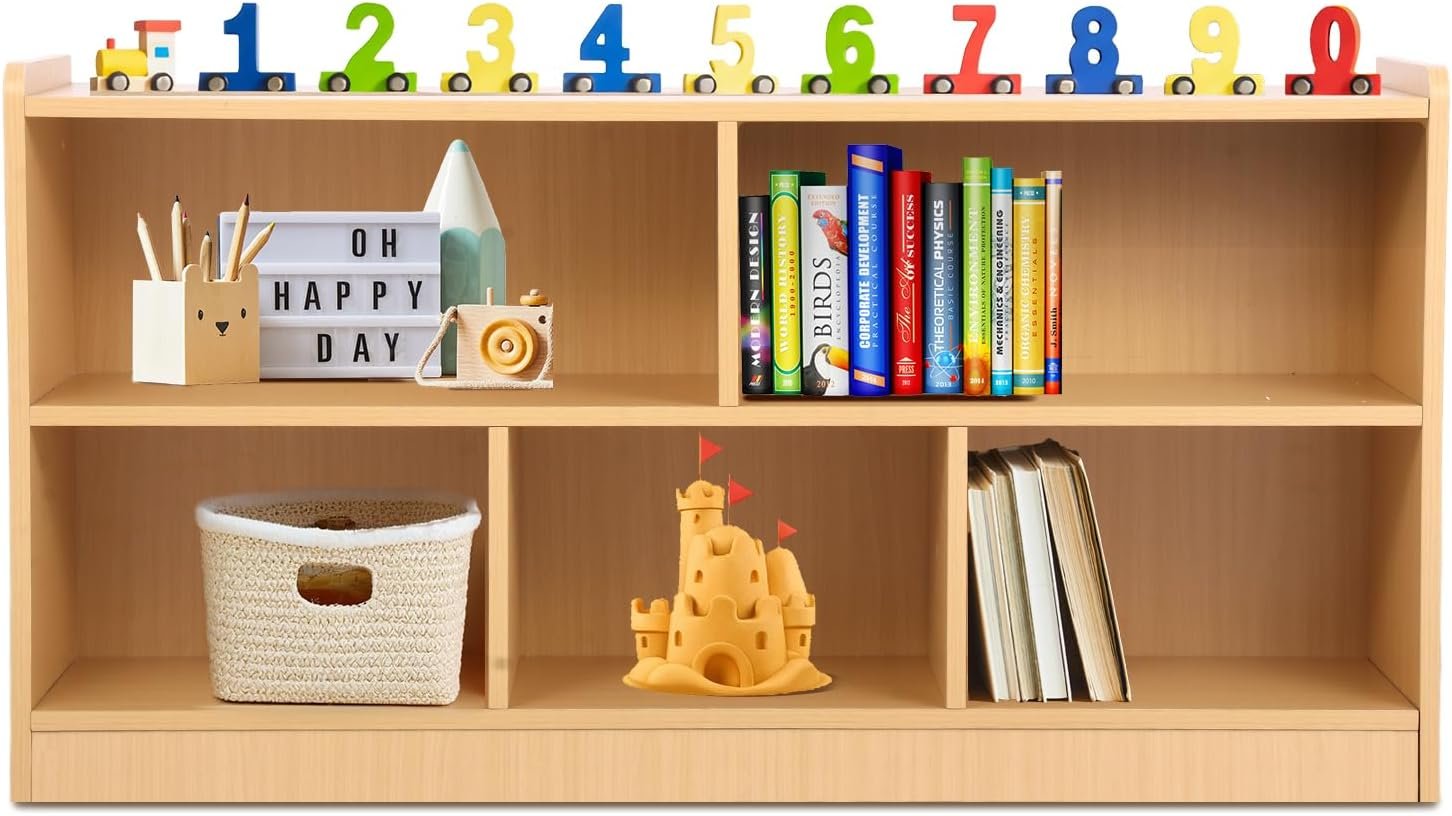 Five-Compartment Wooden Storage Cabinet, Double-Layer Shelf, Montessori Style Bookshelf,Ideal Choice for Toy Room and Game Room