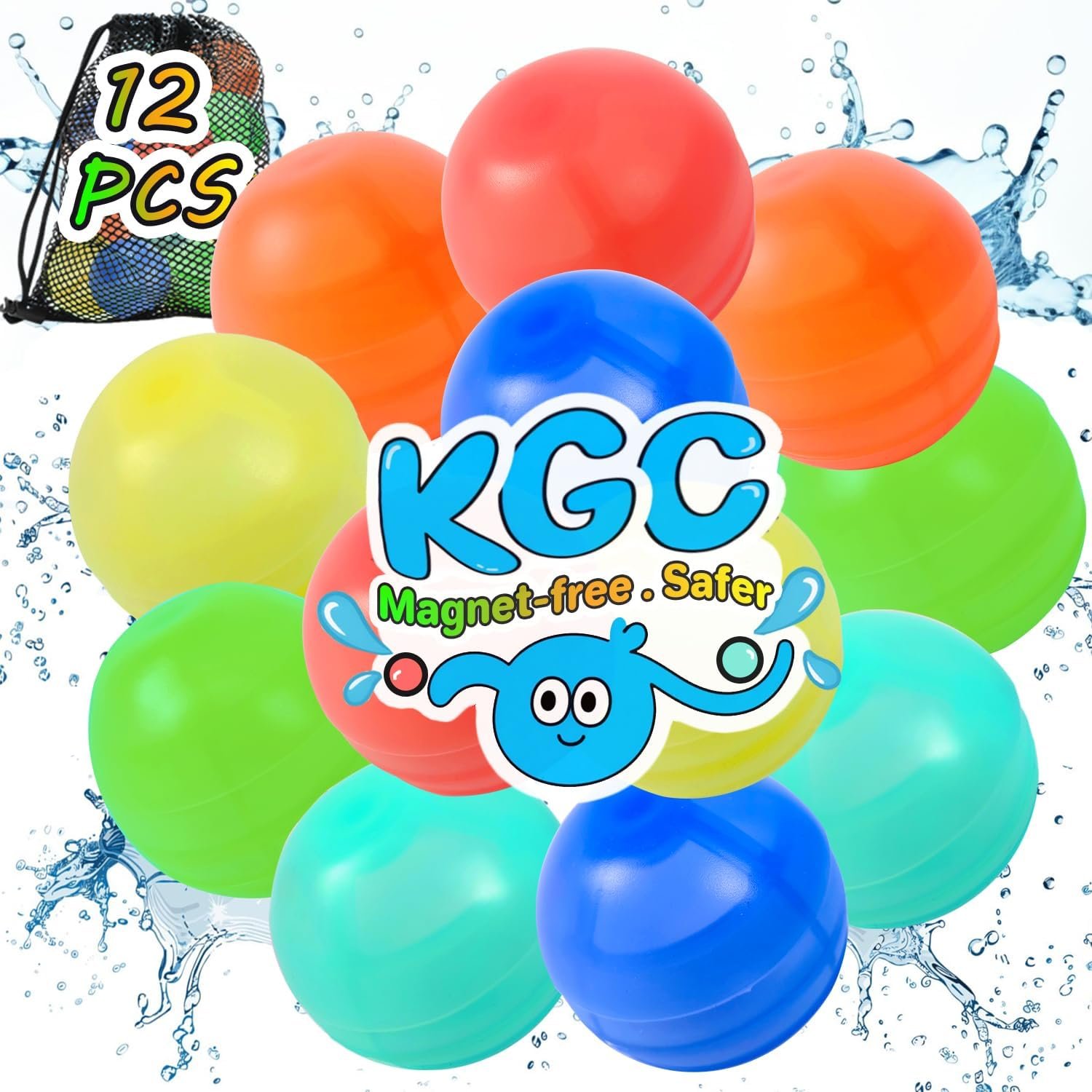 KGC 12-Pack Reusable Water Balloons, Magnet-Free Silicone Refillable Splash Balls, Self-Sealing Outdoor Summer Water Toys for Kids and Family
