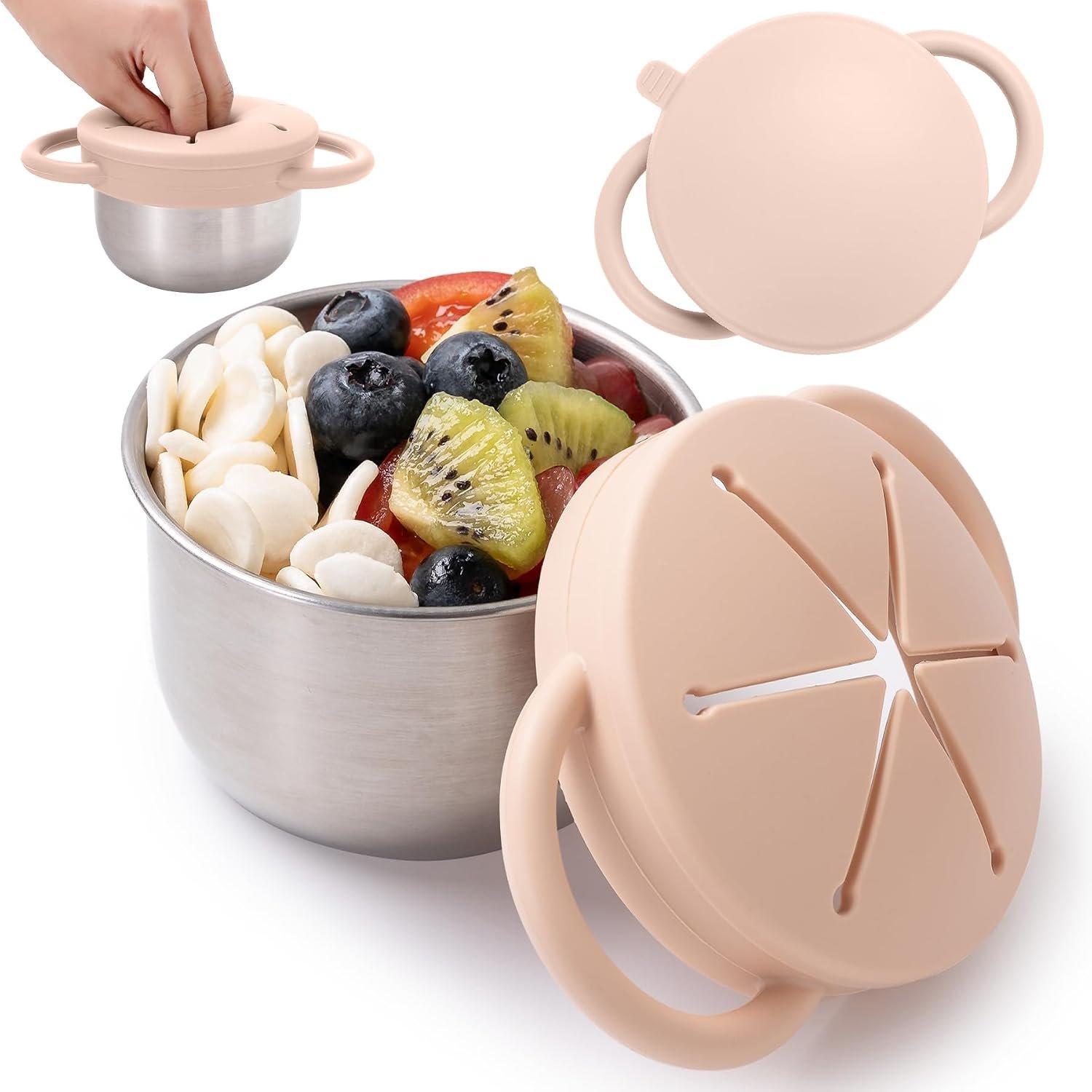 Bufilea 1 Pack Snack Containers for Toddlers, Stainless Steel Toddler Snack Cups with Silicone Food Catcher & Lids,Snack Cups for toddlers Spill Proof