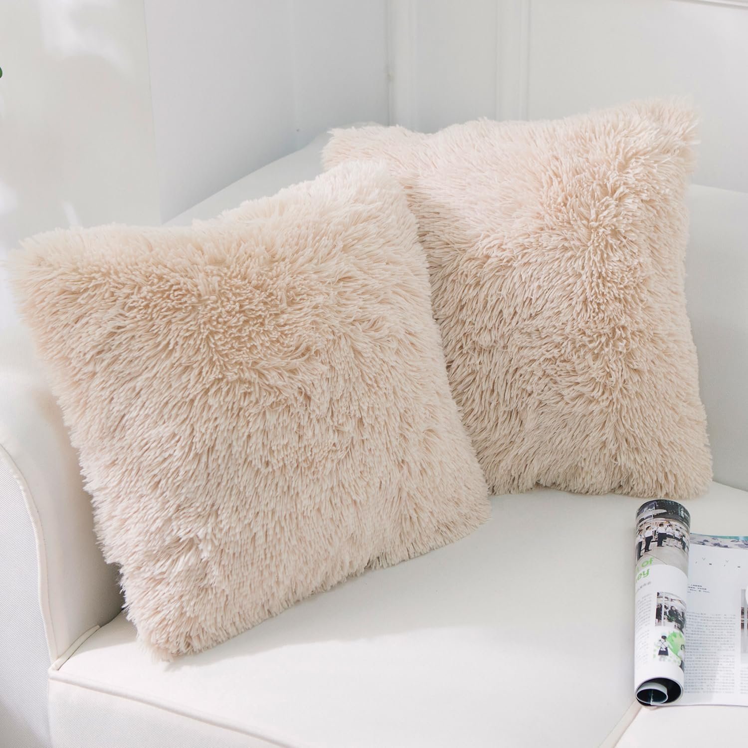 NordECO HOME Luxury Soft Faux Fur Fleece Cushion Cover Pillowcase Decorative Throw Pillows Covers, No Pillow Insert, 18″ x 18″ Inch, Beige, 2 Pack