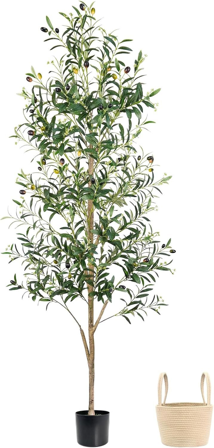 Caxchiling Faux Olive Tree 6FT, Artificial Potted Tree with Planter, Silk Plants Indoor Outdoor, Lifelike Olive Plants with Natural Wood Trunk, Fruits and Buds, Home Office Decor, 1 Pack