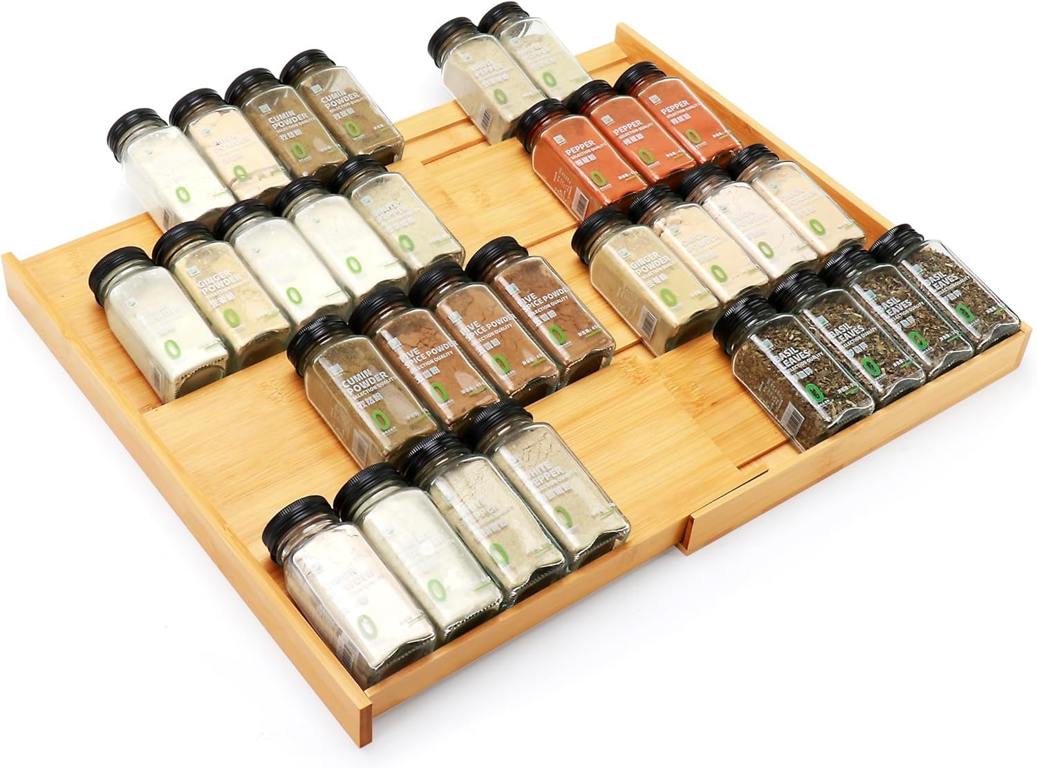 Bamboo Spice Drawer Organizer, (Need 3.1” Deep Drawer) Expandable 4 Tier Spice Rack for Cabinet (From 12″ to 23″ Wide), Seasoning Storage Insert, Spice Organizer for Drawer,Jars Not Included