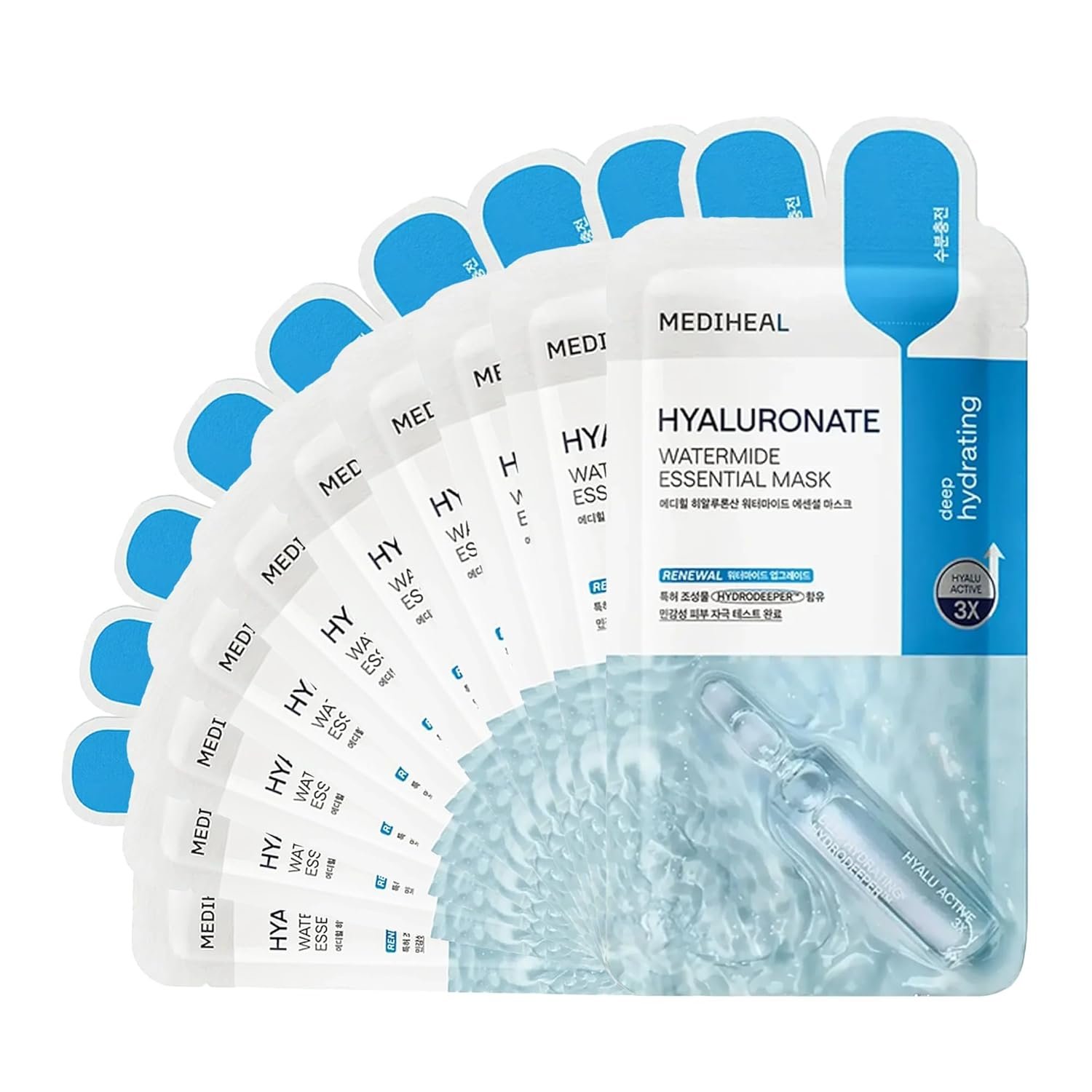 Mediheal Best Korean Hyaluronate Watermide Essential Face Mask – Hydrating and Moisturizing Sheet Masks With Hyalu Active 3x For All Skin Types (10 Count)