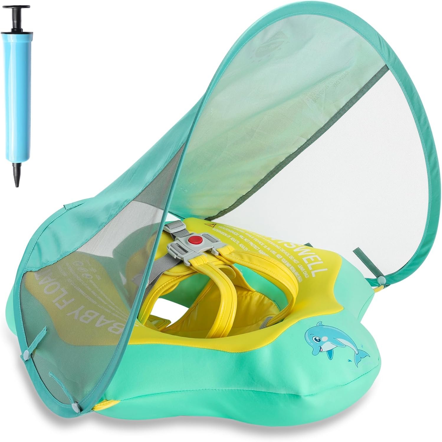 Baby Pool Float with Canopy UPF50+ Sun Protection, Soft Fabric-Covered Inflatable Baby Float, No Flip Over Infant Swim Float for Baby 6-36 Months, Skin Protect Toddler Pool Floaties (Green)