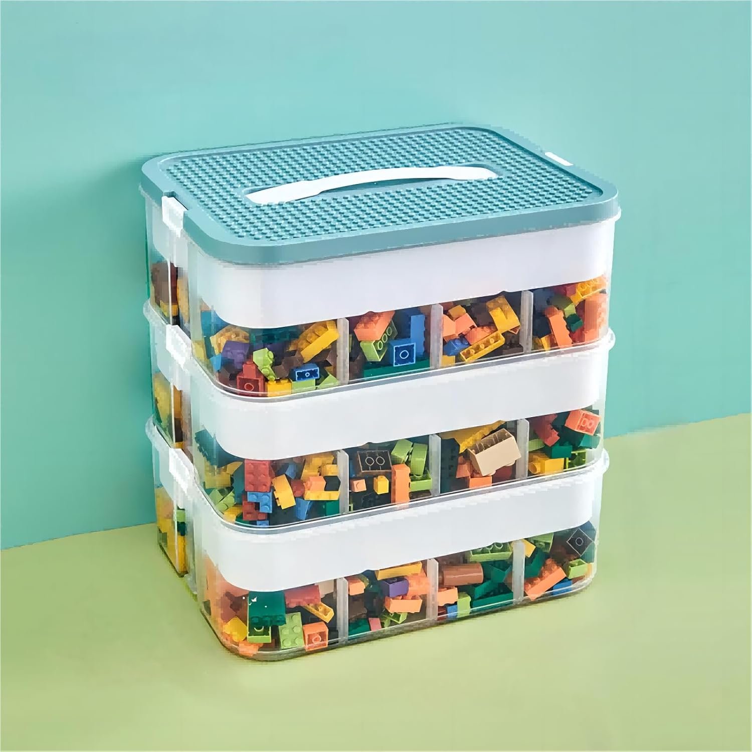 Toy Storage Organizer for Lego, 3 Tier Stackable Storage Bin Transparent Building Bricks Puzzle Craft Plastic Container Organizing Sorter for Kids, Green