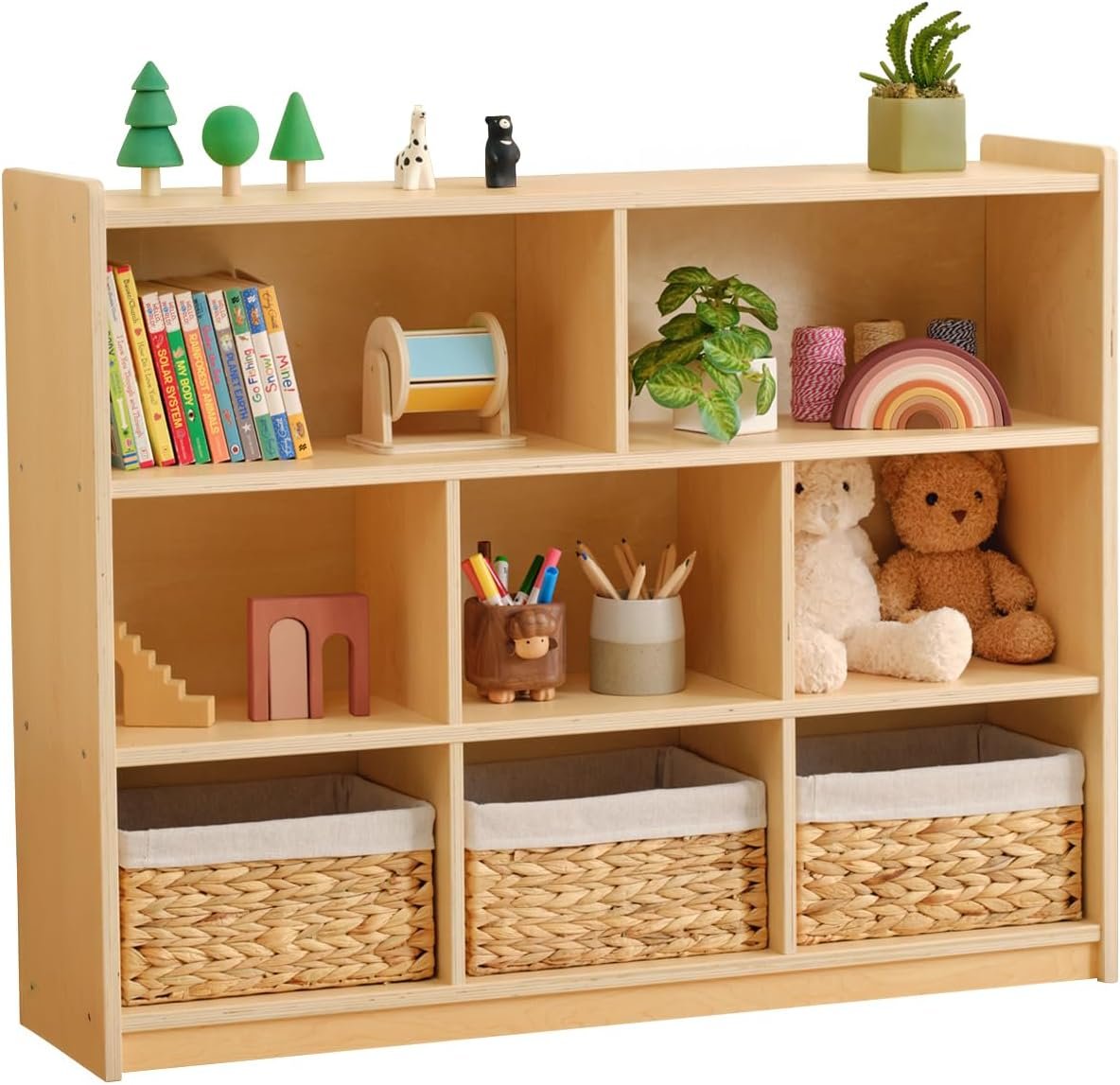 OOOK Montessori Toy Shelf, 35.4″ H, 3-Tier Toy Storage Organizer with 8 Cubby, Wooden Storage Cabinet, Montessori Shelves for Playroom, Nursery, Daycare, Preschool, Classroom Furniture