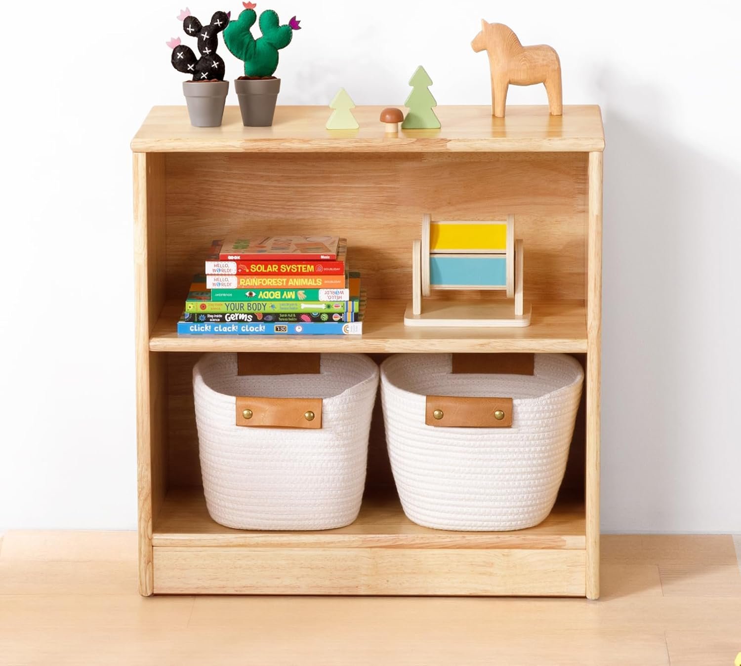 OOOK Rubber Wood Montessori Shelf and Toy Storage, 23.6″ L, Compact Toddler Bookshelf for Small Space, Solid Wood Storage Cabinet Shelves for Classroom, Kindergarten, Kids Room, Playroom