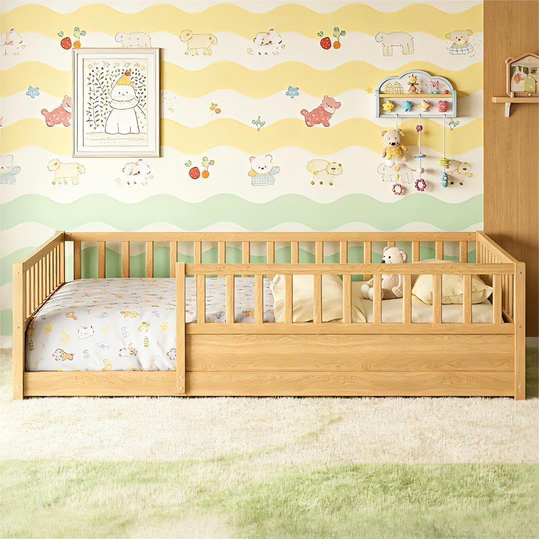 Bellemave Full Size Floor Bed Frame with 21.4″ High Fence, Solid Wood Low Platform Montessori Floor Bed Full for Kids, No Box Spring Needed, Natural