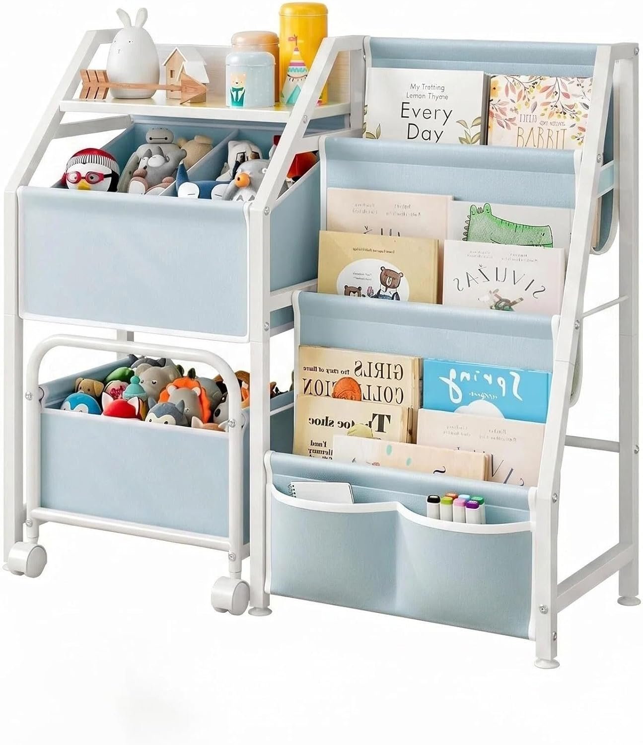 SUOERNUO Kids Bookshelf and Toy Storage Organizer with Bins 3 Tier Montessori Toddler Bookcase for Nursery Playroom Bedroom Wooden Book Shelf – White