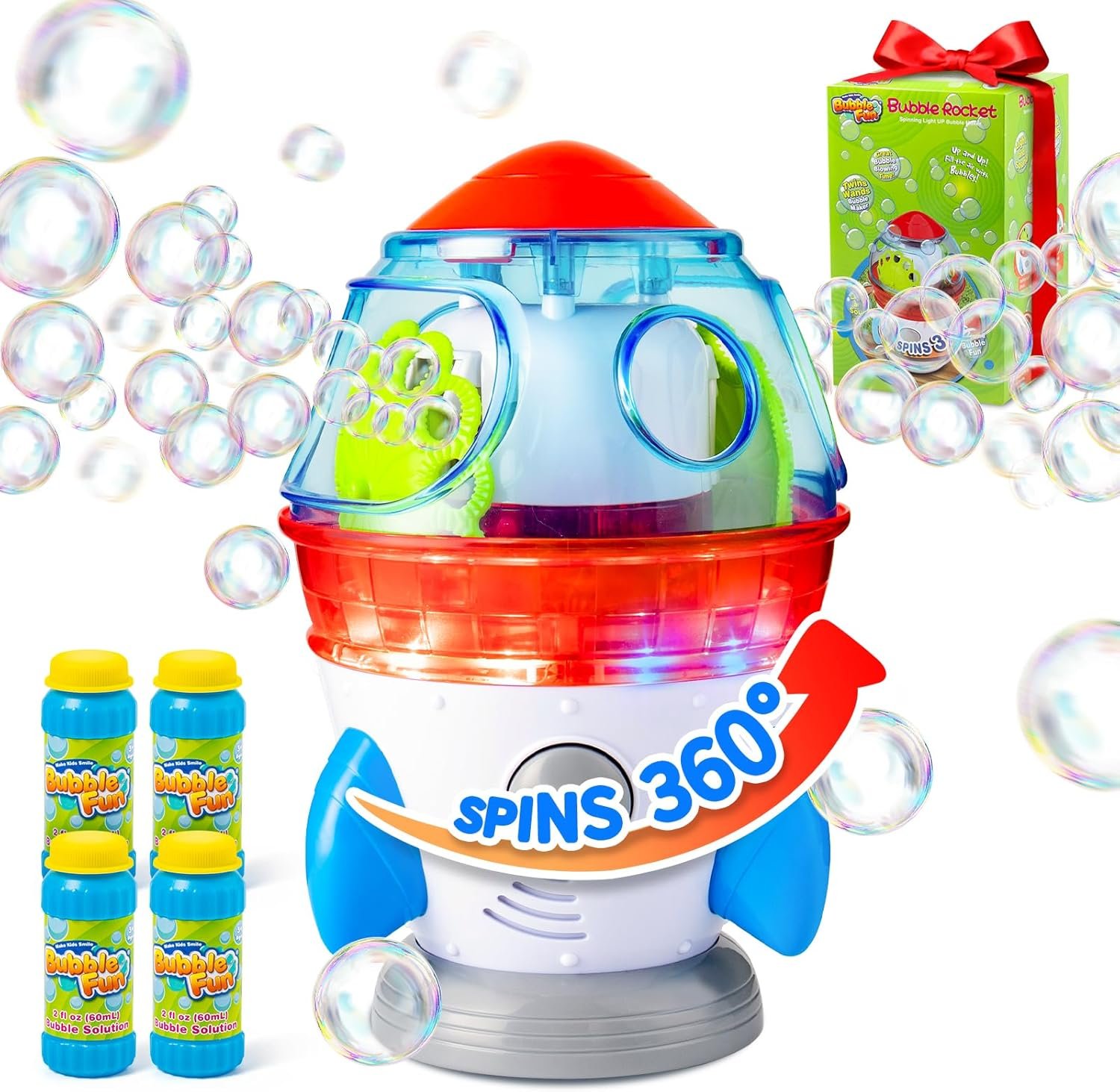 Rocket-Shaped Bubble Machine for Kids & Pets – Dual Powerful Bubble Outlets, Automatic 360° Rotation, Adjustable LED Lights & Music – Ideal for Indoor/Outdoor Birthday Parties