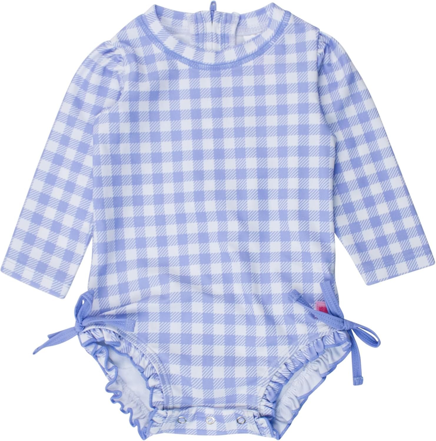 RuffleButts Baby Girls UPF 50+ Sun Protection Gingham Printed Long Sleeve One Piece Rash Guard Swimsuit with Zipper