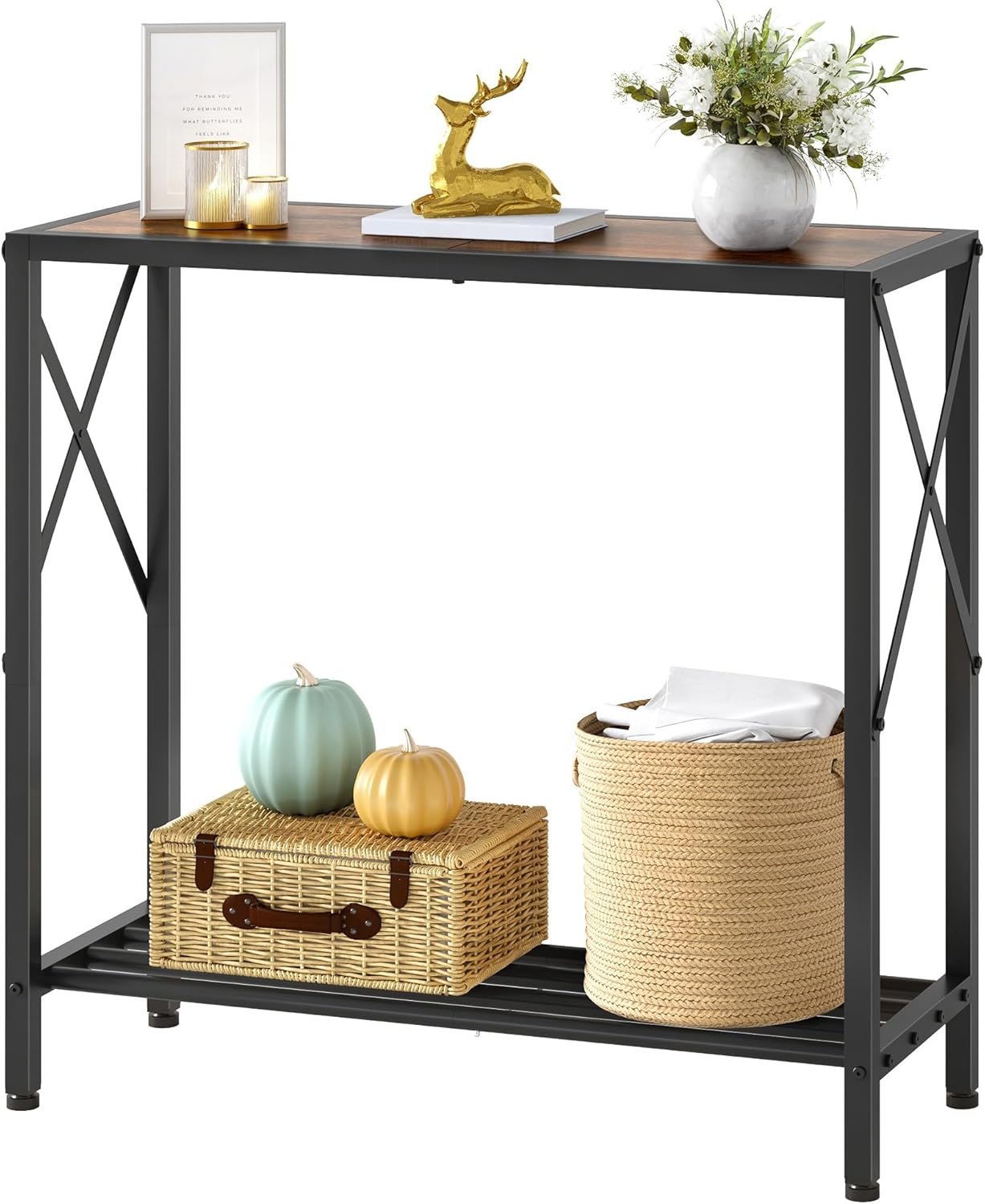 Tajsoon Console Table 28.3”L, 2 Tier Narrow Entryway Table with Open Shelves, Small Sofa Table for Living Room, Entrace, Hallway, Foyer, Corridor, Office, Rustic Brown