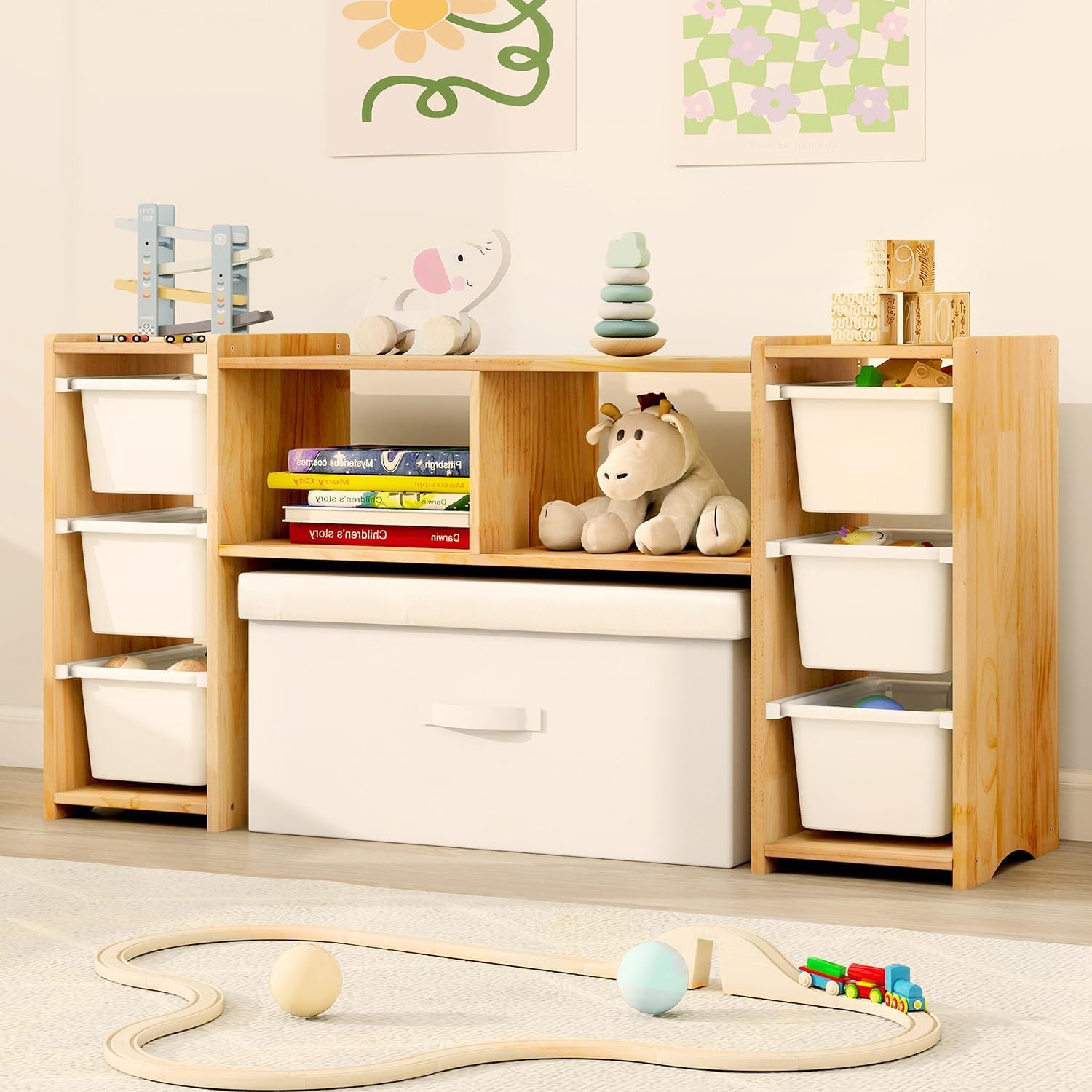 MallBest Montessori Shelf for Kids – 100% Solid Pine Wood with 6 Removable Plastic Bins, Toy Storage Organizer Cabinet for Playroom, Bedroom & Nursery (Natural)