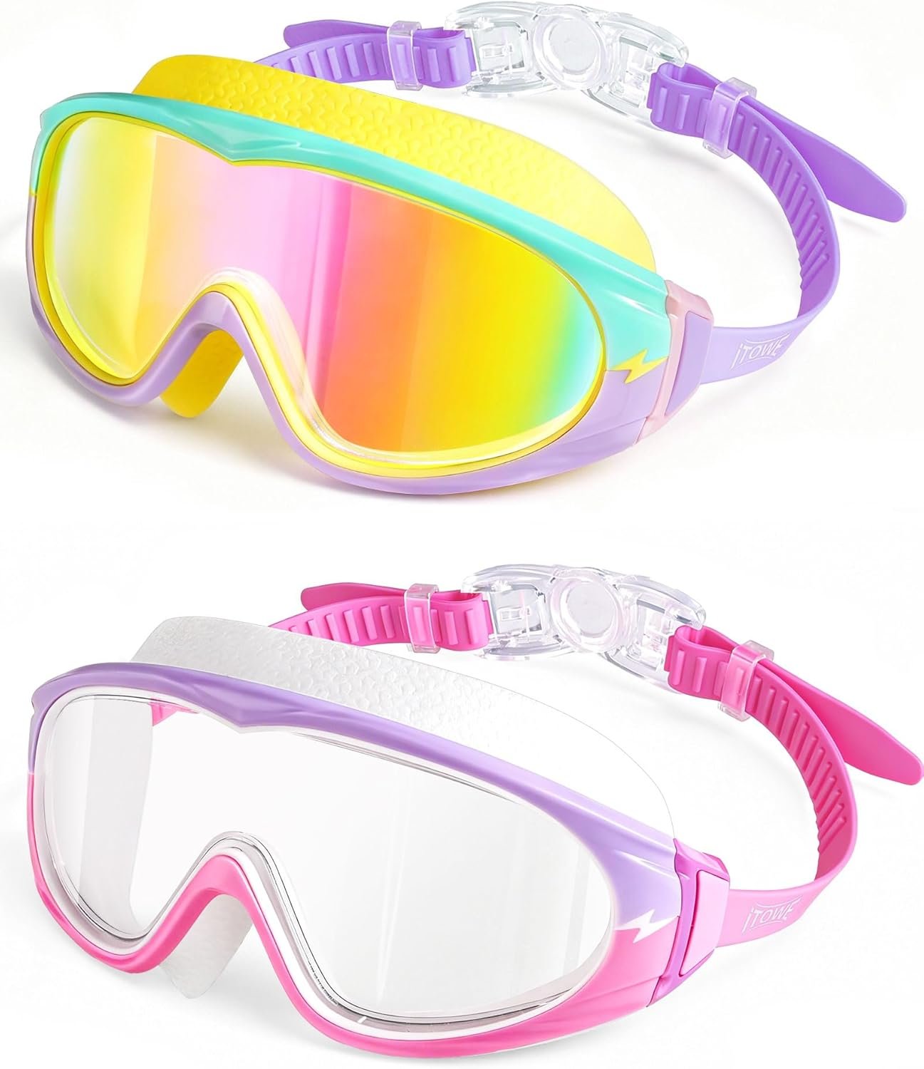 2 Pack Wide View Swimming Goggles, No Leaking Kids Swim Goggles with Anti-Fog/UV HD View Kids Goggles Boys Girls 5-15