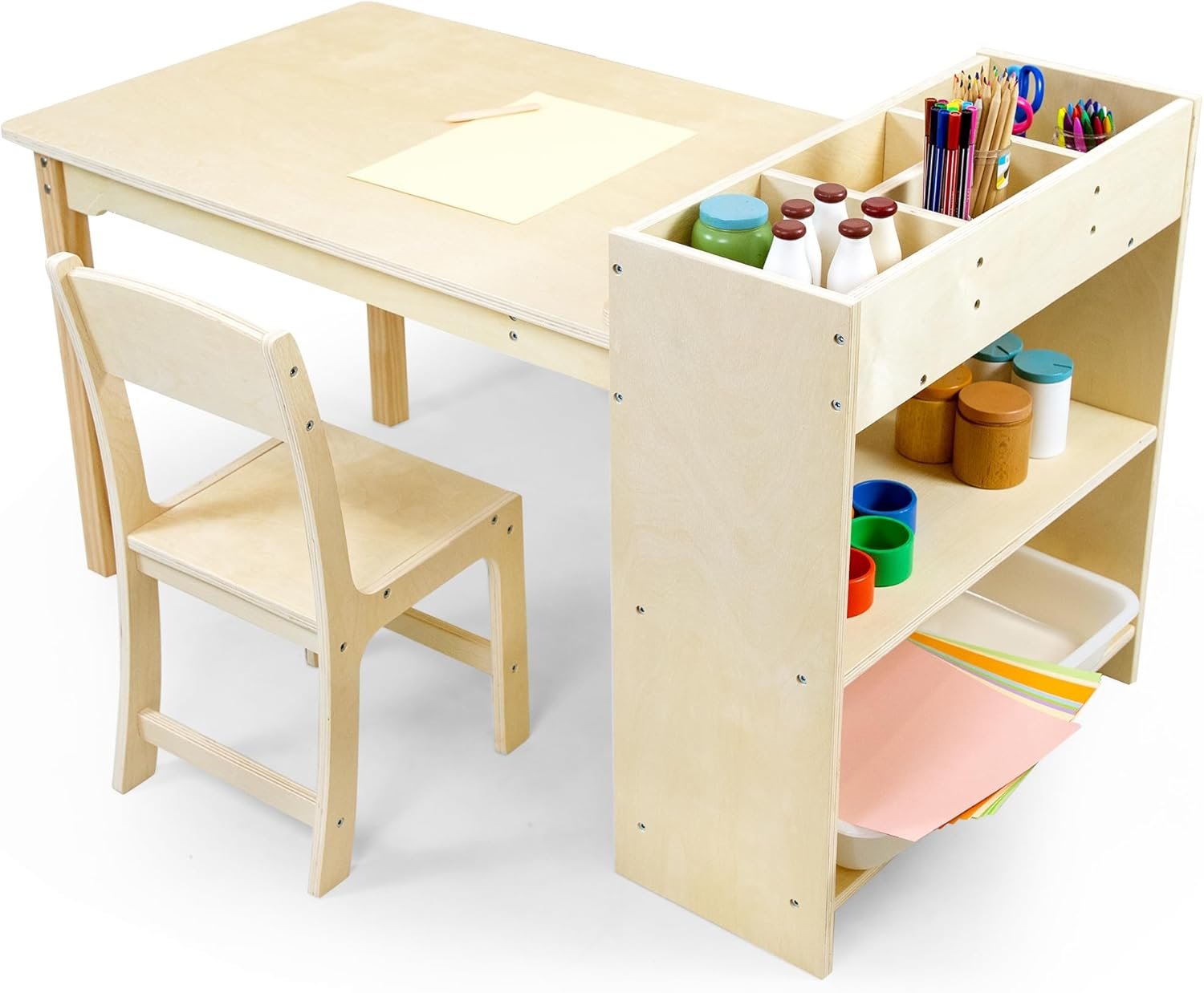 bbgroundgrm Kids Art Table and Chair Set, Birch Wooden Activity Craft Table, Kids Drawing Table, Toddler Desk with Storage and 1 Chair