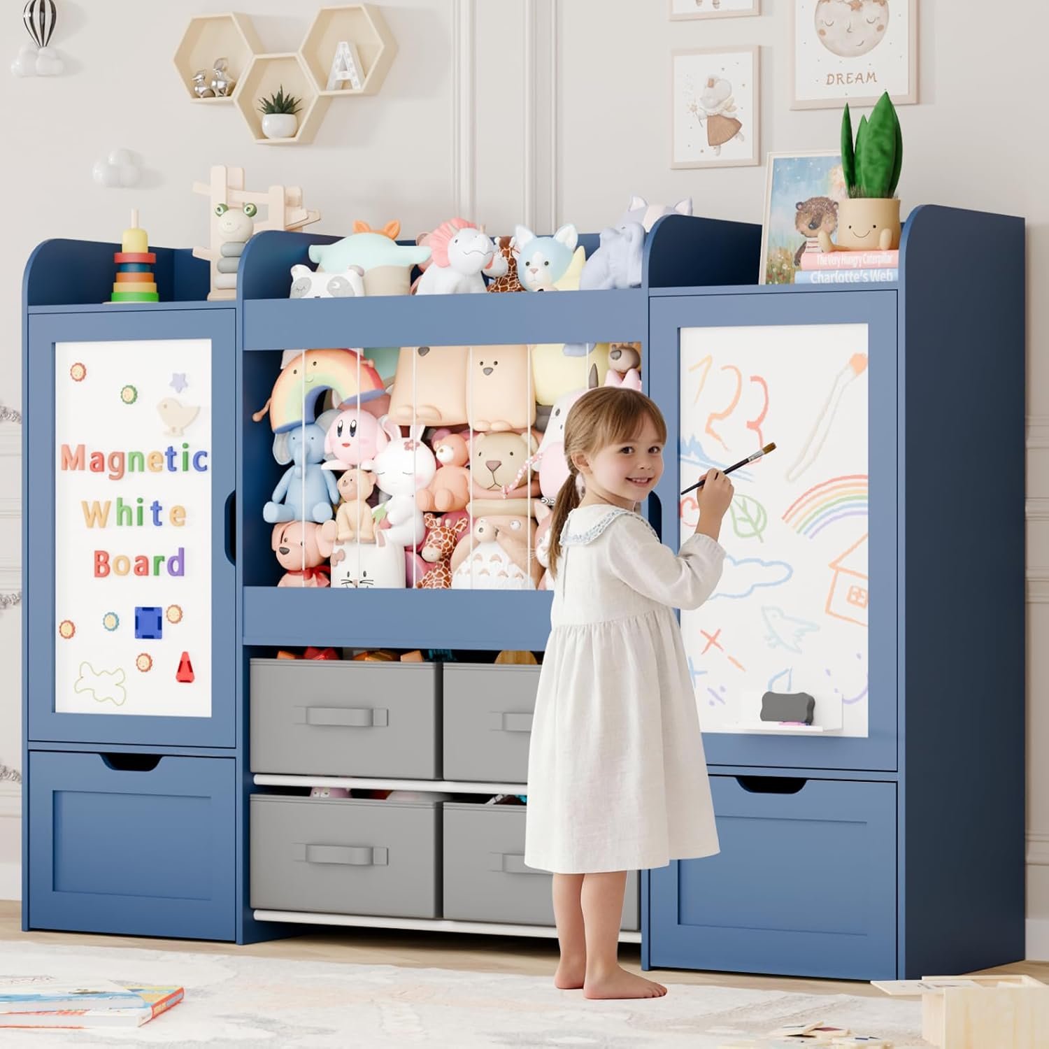 61″W Kids Toy Storage, Bookshelf with 2 Magnetic Draw Boards, Stuffed Animal Storage, 2 Rolling Drawers, 4 Fabric Bins, Large Kid Wooden Toddler Organizer for Playroom, Nursery, Bedroom(Blue)