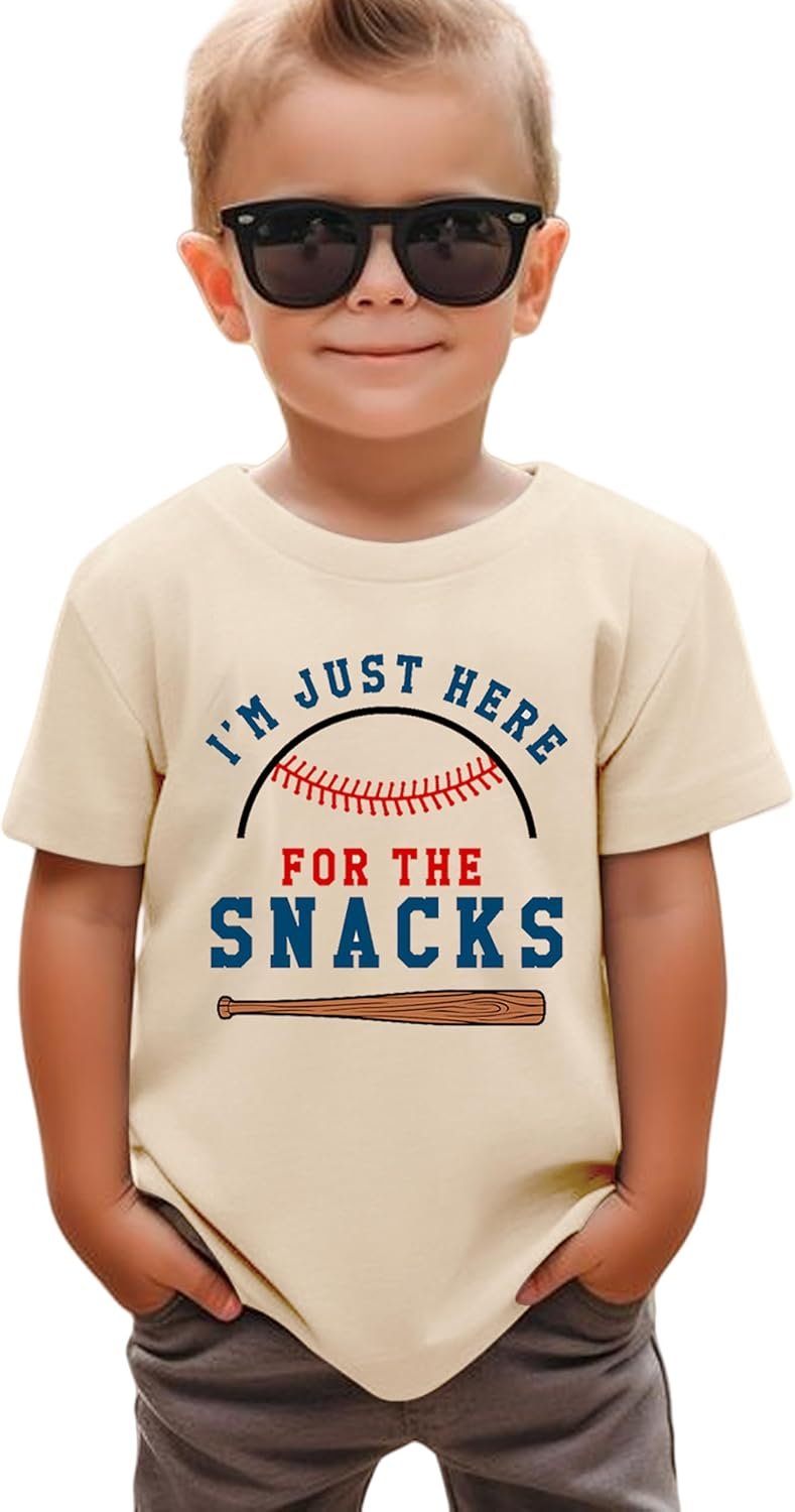 Toddler Baby Boys Girls Baseball T-Shirts I’m Just Here for The Snacks Kids Short Sleeve Crewneck Summer Tee Tops