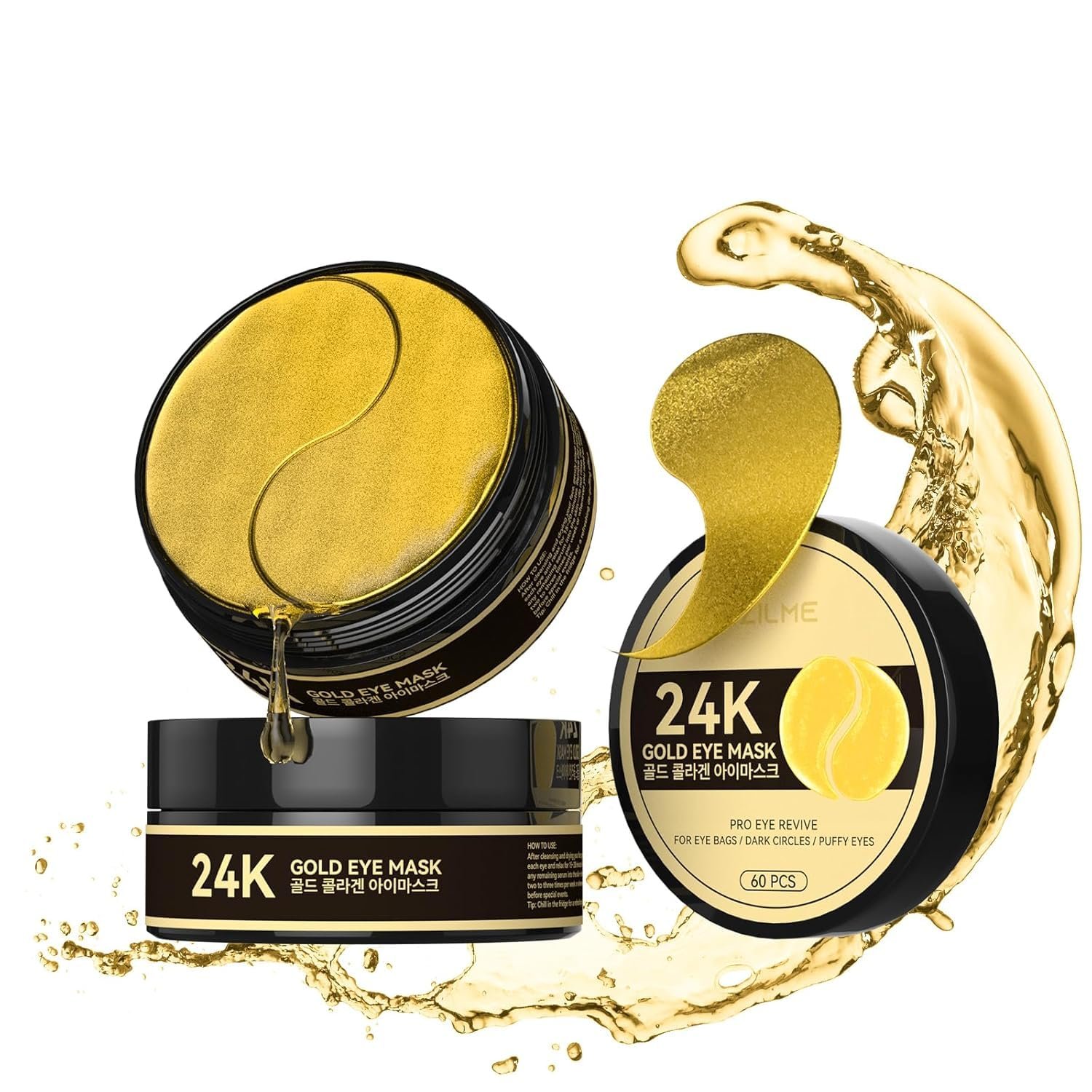 24k Gold Under Eye Patches – Firming, Glowing & Hydrating Hydrogel Mask for Puffy Eyes, Dark Circles, Wrinkles, Eye Bags Treatment, Gifts for Women and Men, 60Pcs Black