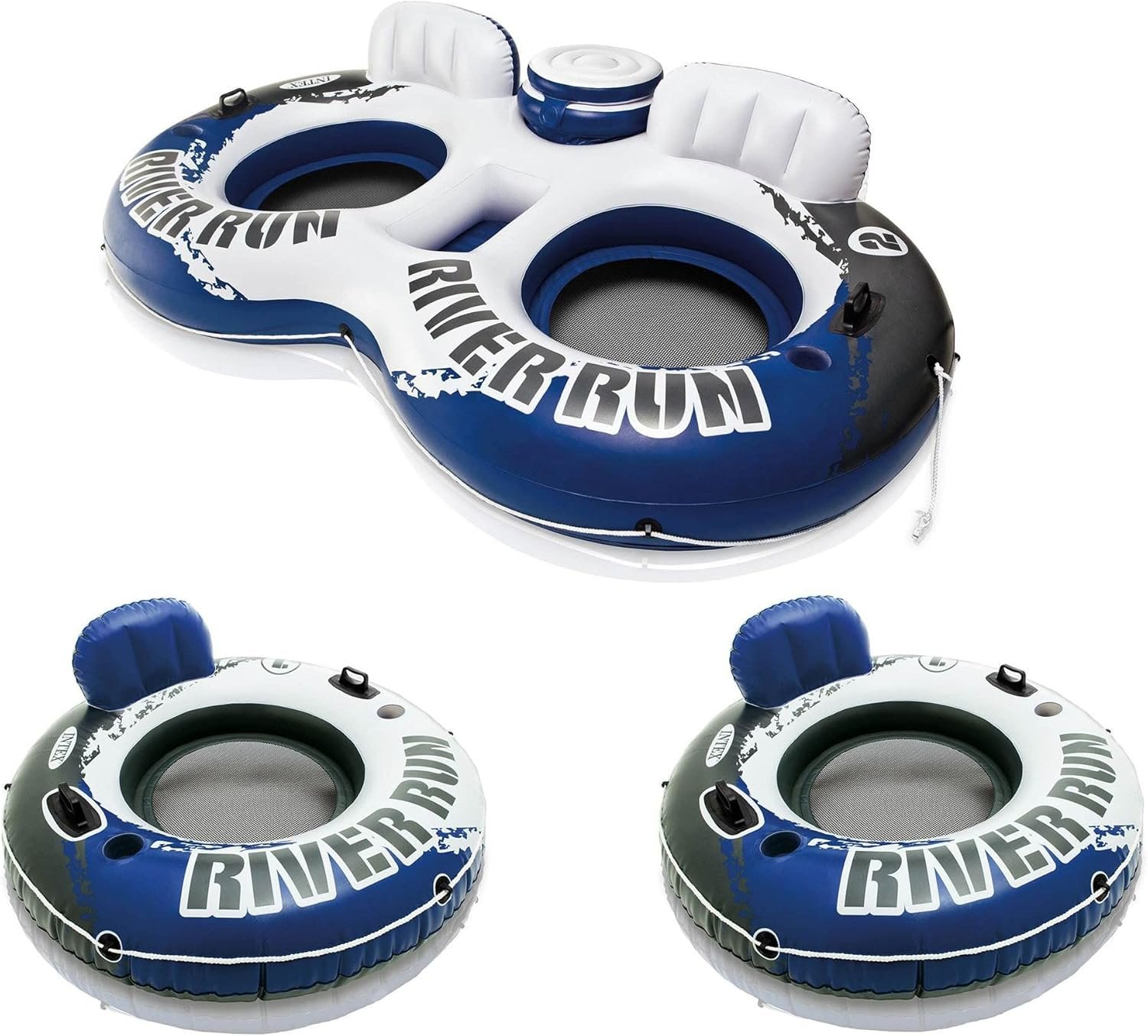 Intex River Run II Inflatable Double Rider Inntertube with Built-in Cooler and Cupholders with River Run I Single Floating Water Rafts (2 Pack)