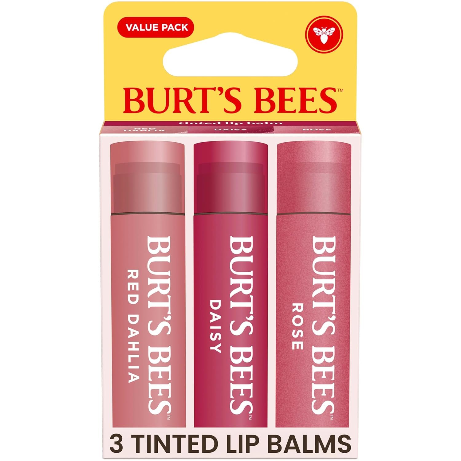 Burt’s Bees Tinted Lip Balm, Mothers Day Gifts, Value Pack Includes 3 Lip Balms: Red Dahlia, Daisy and Rose; 8 Hour Moisture; Nourishing Shea Butter; 100% Natural Origin; 3 Tubes
