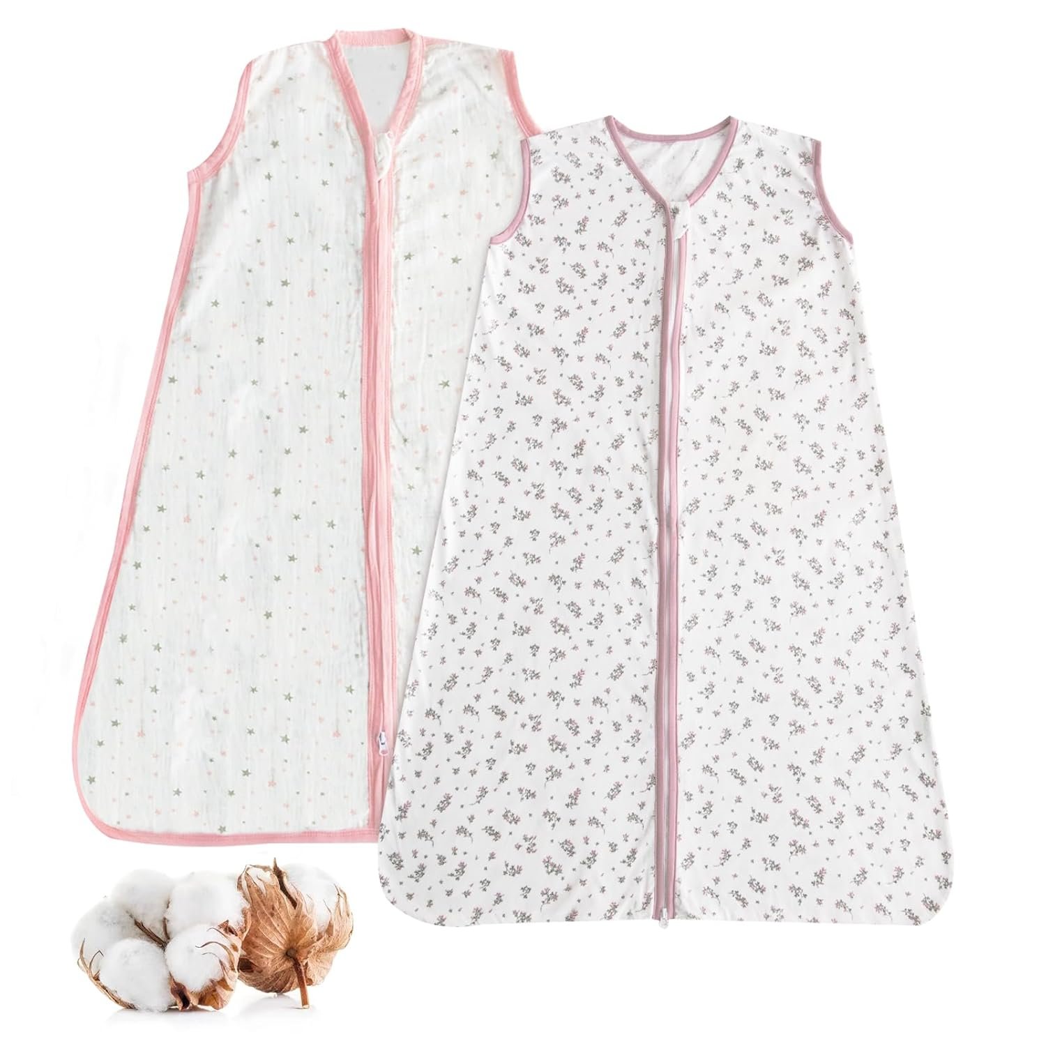 Baby Sleep Sack 18-24 Months 2 Pack, 100% Cotton Toddler Sleeping Bag, 2-Way Zipper Wearable Blanket for Baby Girl, X-Large, 0.5 TOG, Pink Star & Bloom