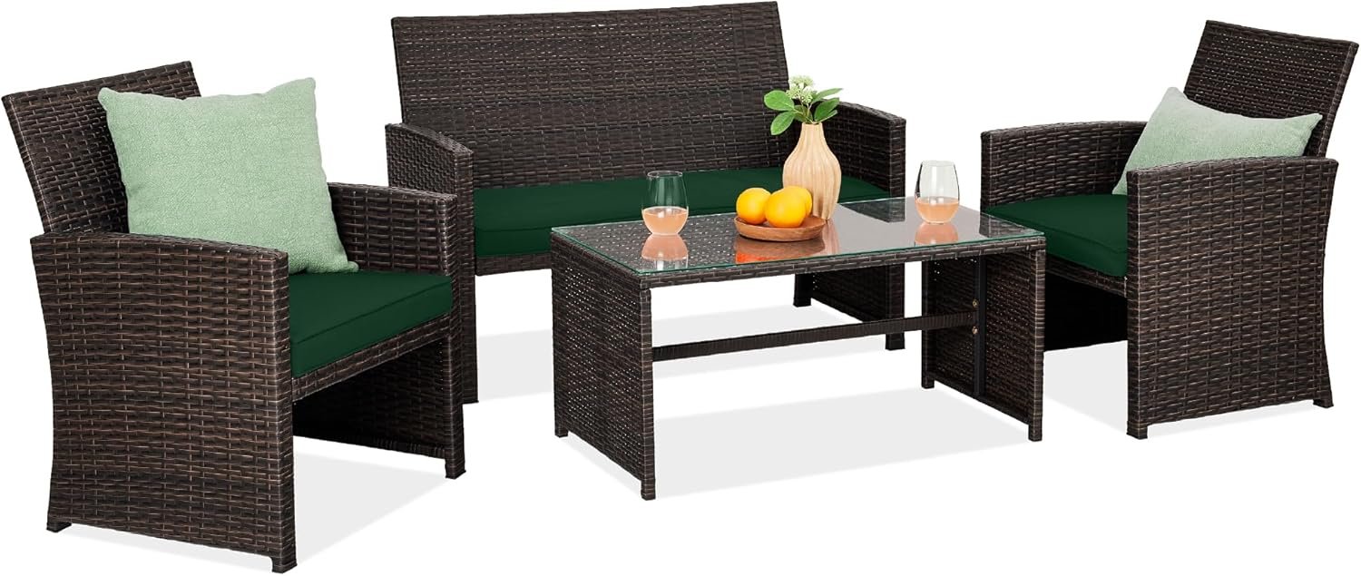 Best Choice Products 4-Piece Outdoor Wicker Patio Conversation Furniture Set for Backyard w/Coffee Table, Seat Cushions – Brown/Midnight Green