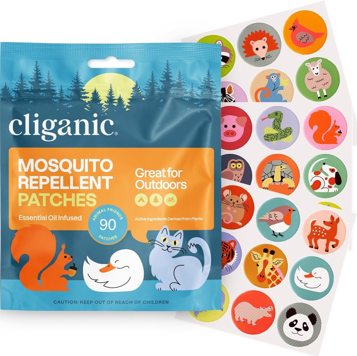 Cliganic Mosquito Repellent Stickers (90 Pack) – Animal Patches for Kids, Natural DEET-Free, Essential Oil Infused, Insect Repelling Garments