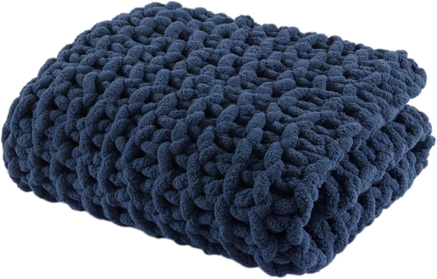 Madison Park Chenille Chunky Knit Handmade Throw Blanket, Luxuriously Soft Gift Blankets, Cottage Style Room Décor, Lightweight & Breathable All Seasons Throw Blanket for Couch, 50″W x 60″L Navy Blue