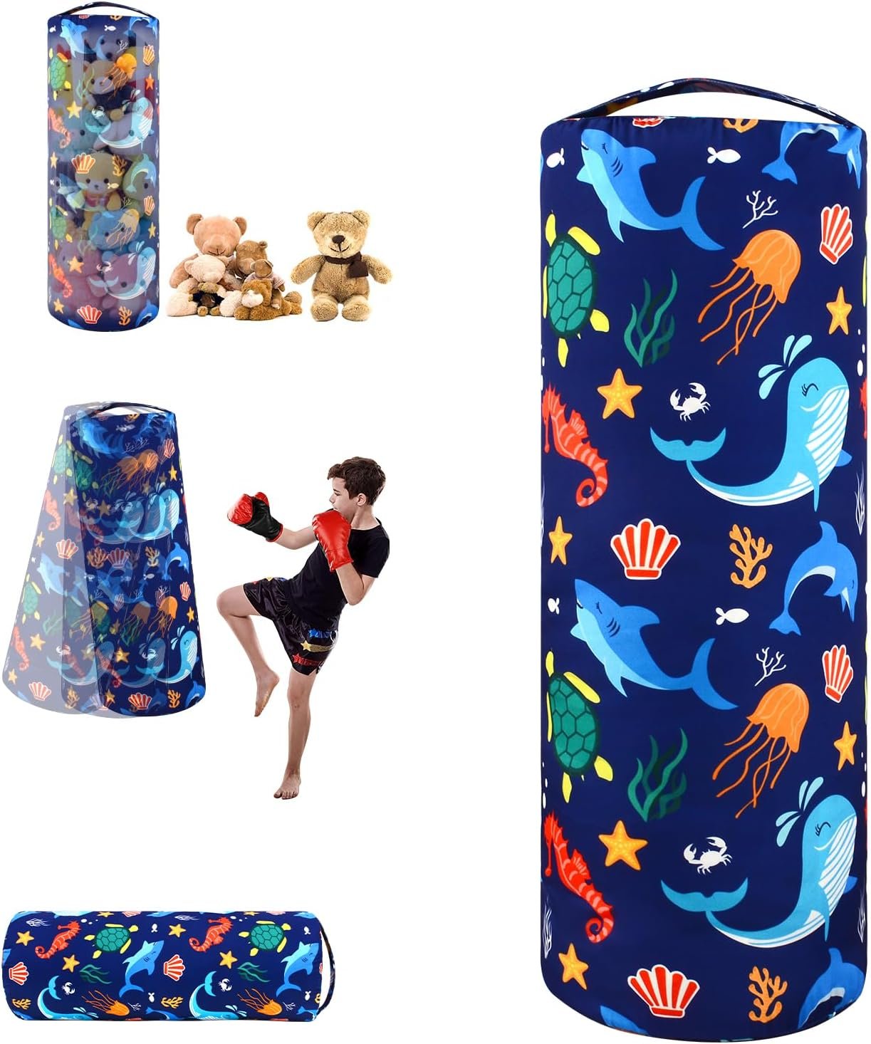 JISEN Stuffed Animal Storage Bean Bag Chair Cover for Kids, Organize Sit Play Boxing, Cylinder Zipper Canvas Organizer for Stuffed Animals Plush and Kids Toy Storage Whales