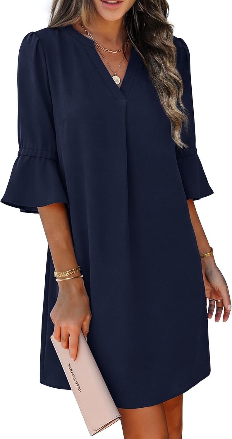 RUMIA Shift Dress for Women V Neck Ruffle Sleeve Loose Summer Office Work Casual Dress