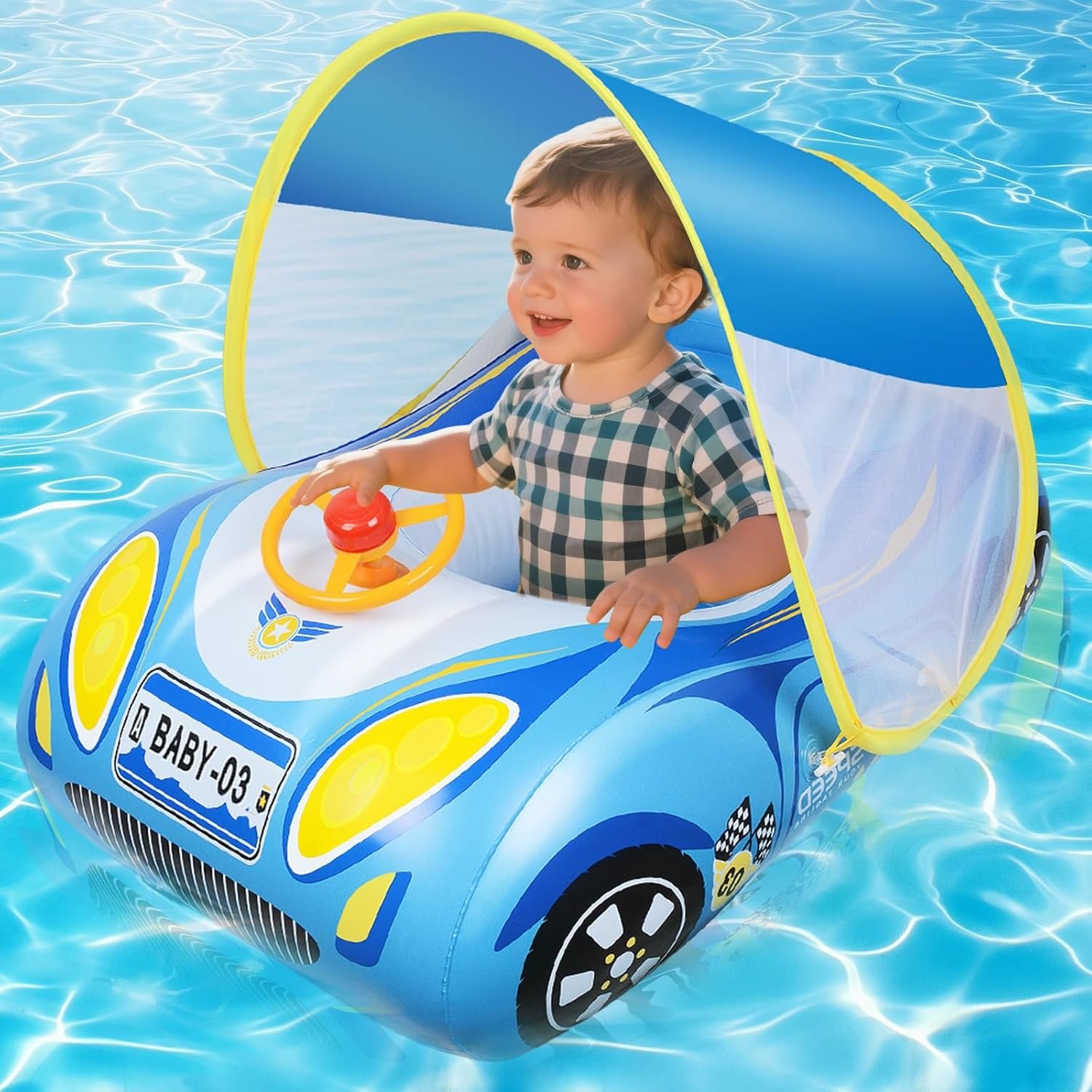 Baby Pool Float with Canopy: Baby Floats for Infants Toddler 6-48 Months Qoosea Swimming Floaties with UPF50+ Sun Protection & Toy Play Steering Wheel & Patch Kit