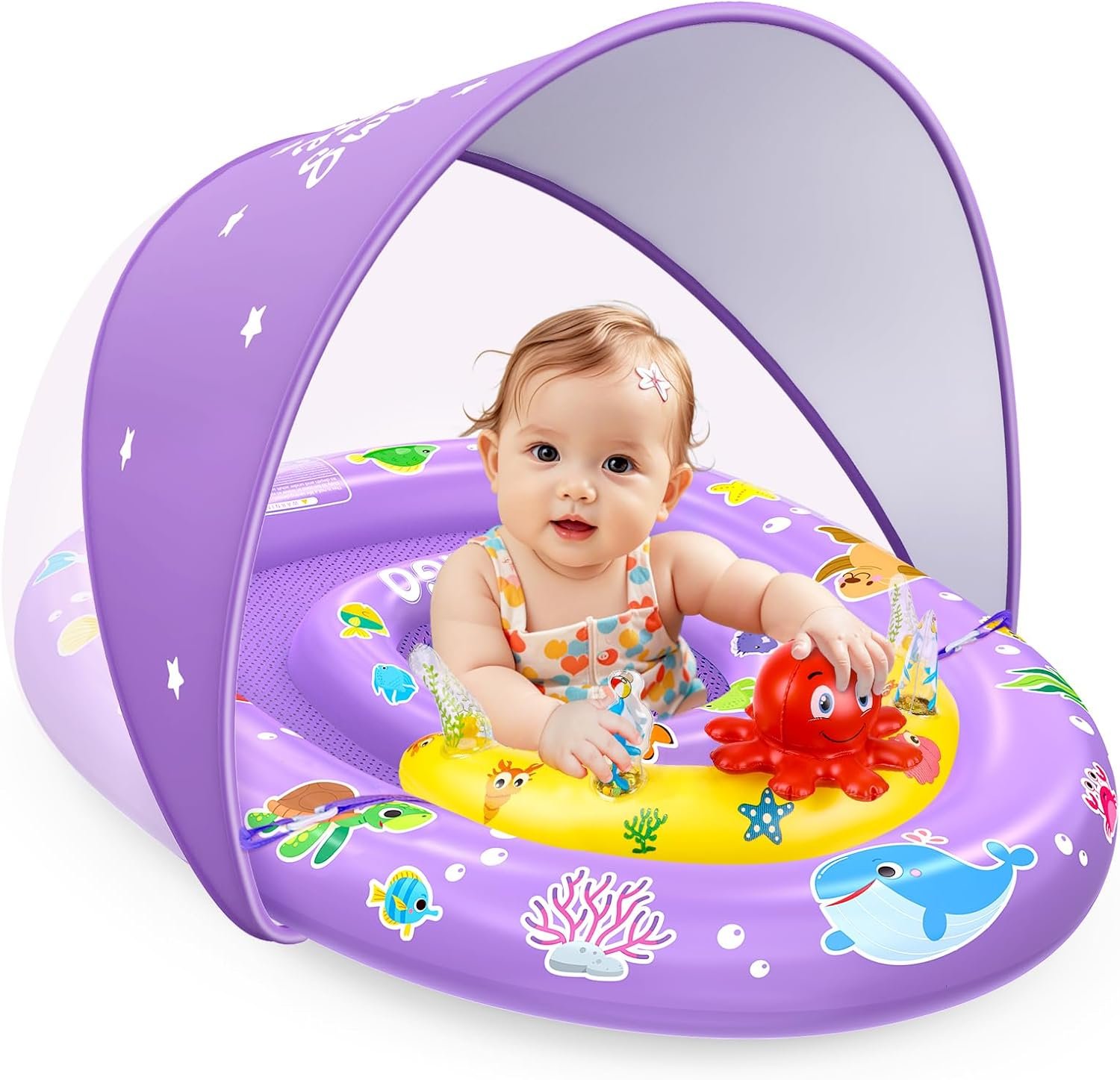 EZIGO Baby Pool Float with Canopy UPF50+ Sun Protection, Inflatable Kids Pool Floats with Ocean Animal Toys for Baby 6-36 Months, Infant Swimming Float with Adjustable Safety Seat for Boys Girls